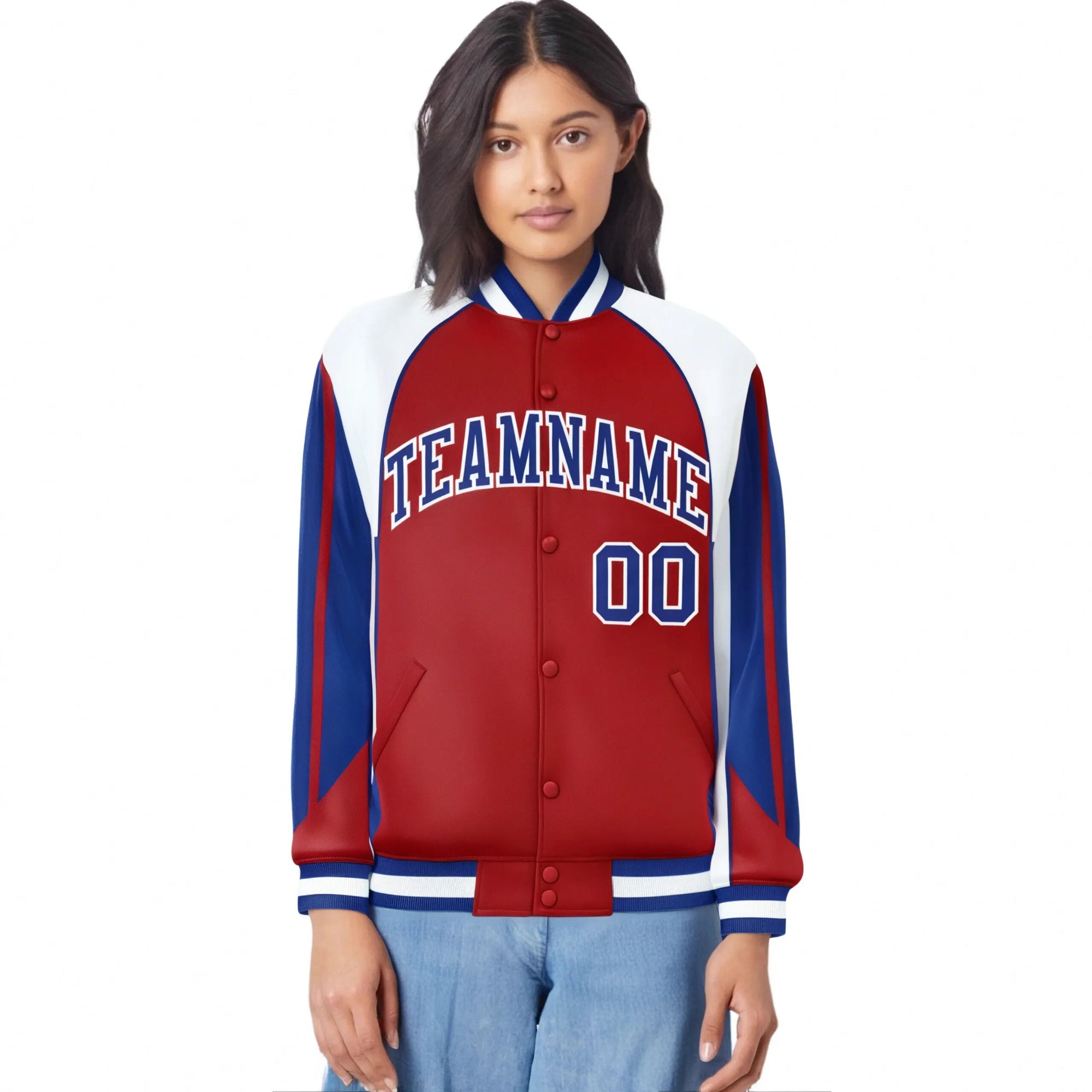 Custom Royal-Red White-Blue Navy Raglan Sleeves Varsity Letterman Two Tone Jacket