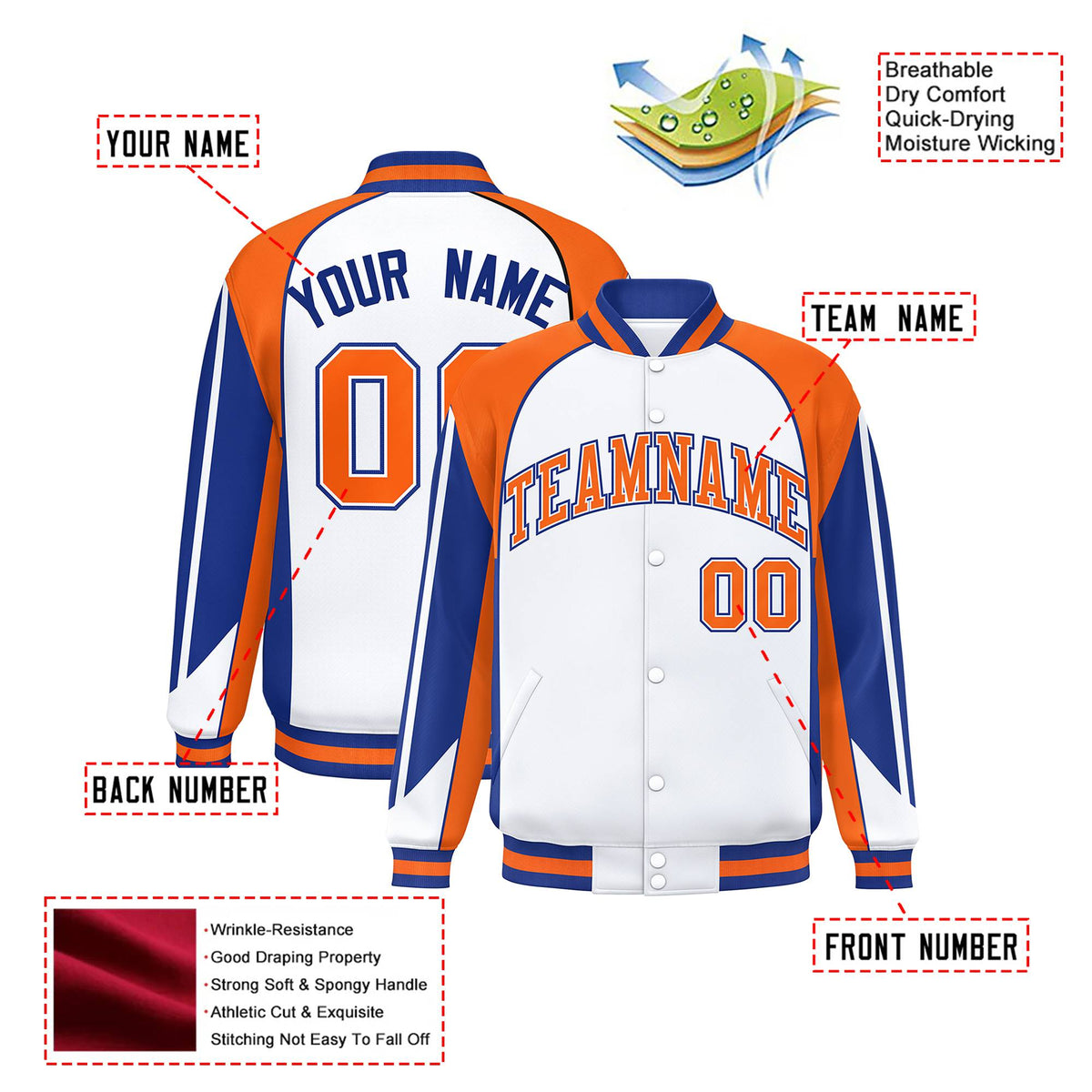 Custom White Orange-Blue Raglan Sleeves Varsity Letterman Two Tone Jacket