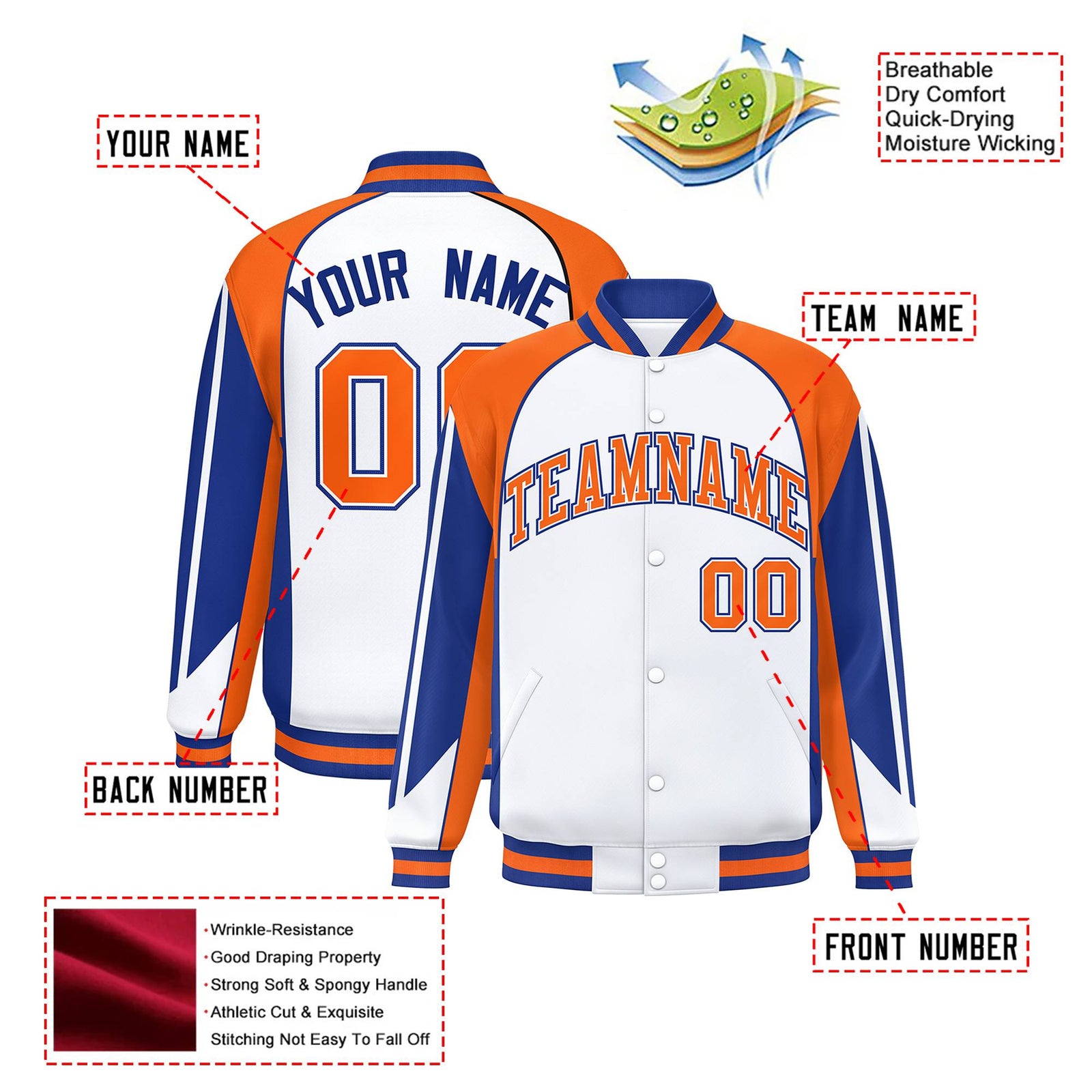Custom White Orange-Blue Raglan Sleeves Varsity Letterman Two Tone Jacket