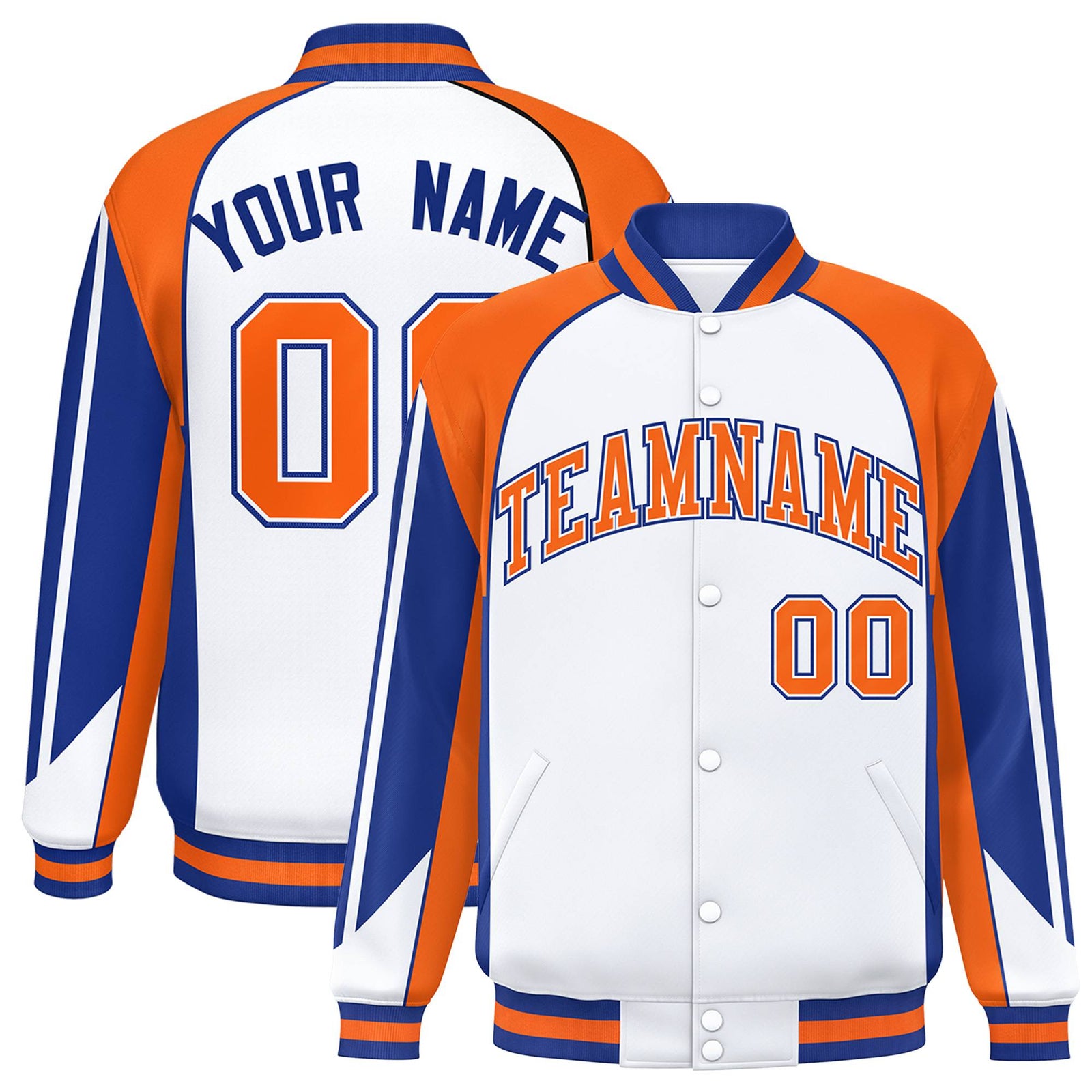 Custom White Orange-Blue Raglan Sleeves Varsity Letterman Two Tone Jacket