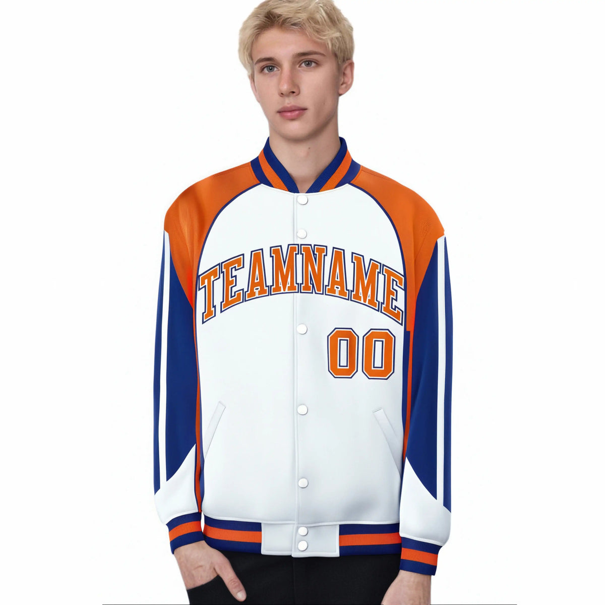 Custom White Orange-Blue Raglan Sleeves Varsity Letterman Two Tone Jacket