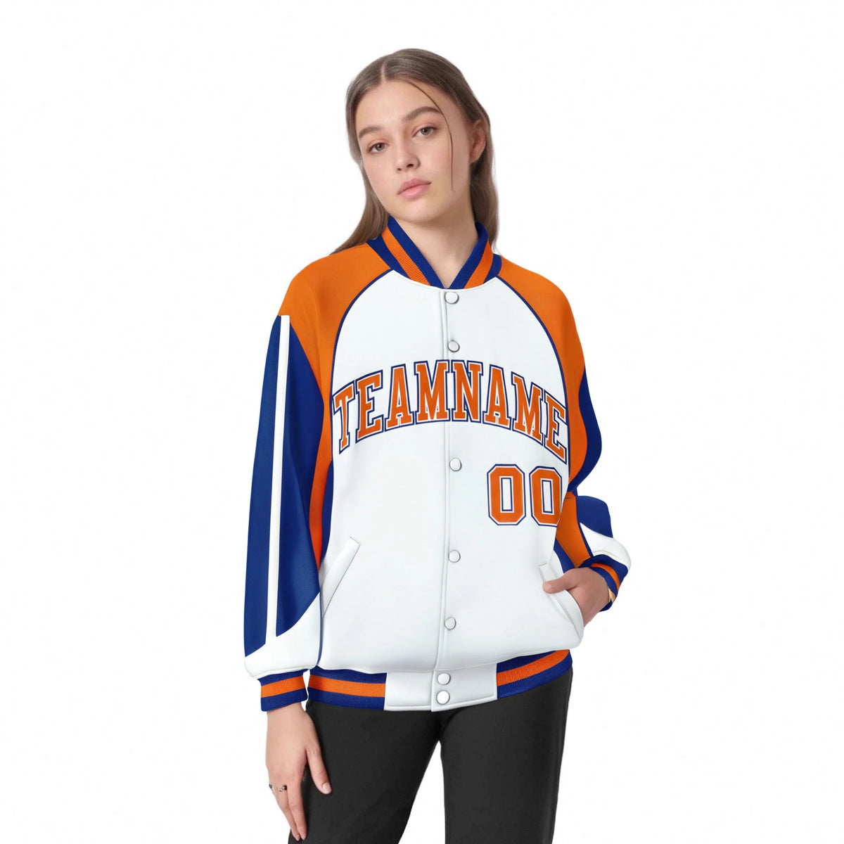 Custom White Orange-Blue Raglan Sleeves Varsity Letterman Two Tone Jacket