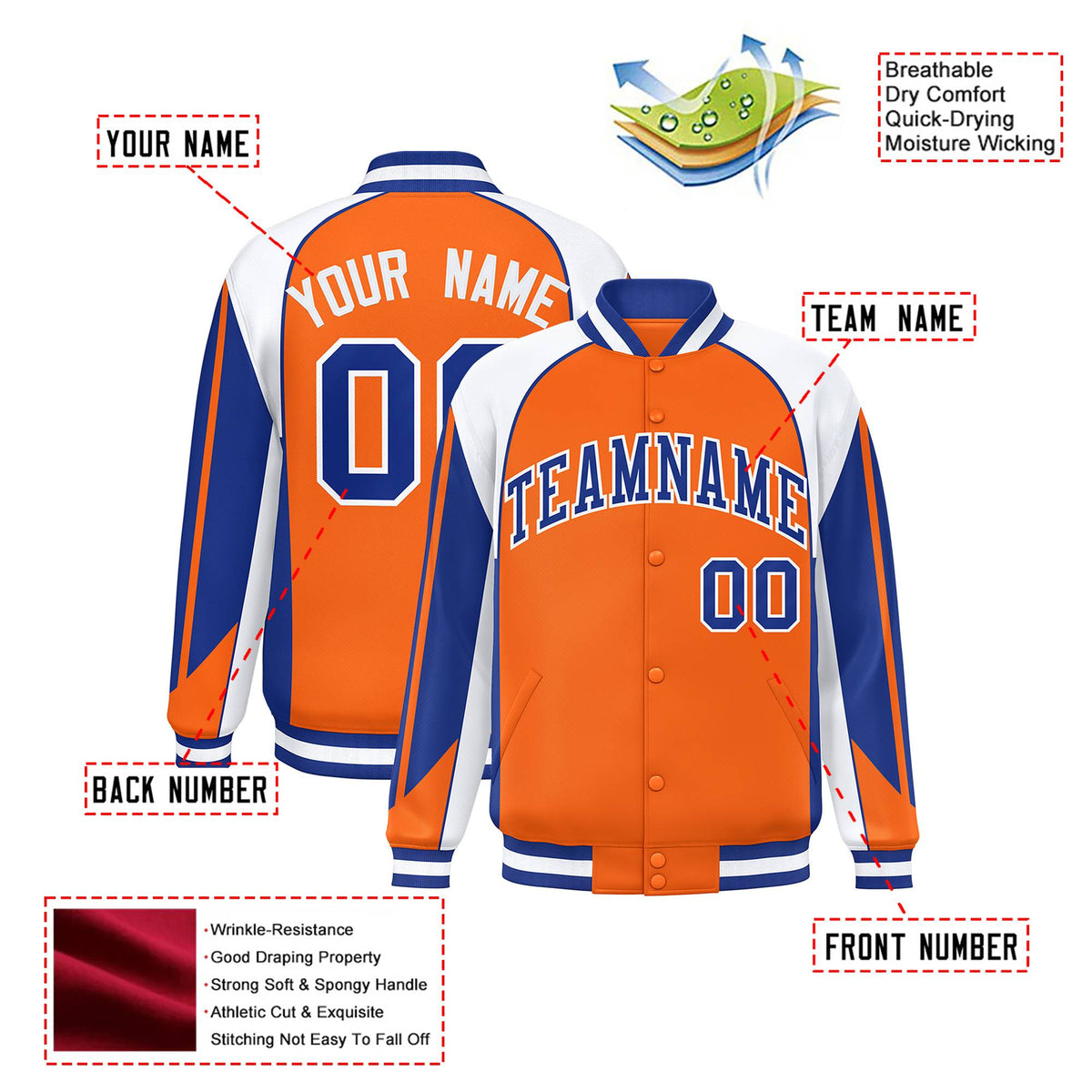 Custom Orange White-Blue Raglan Sleeves Varsity Letterman Two Tone Jacket