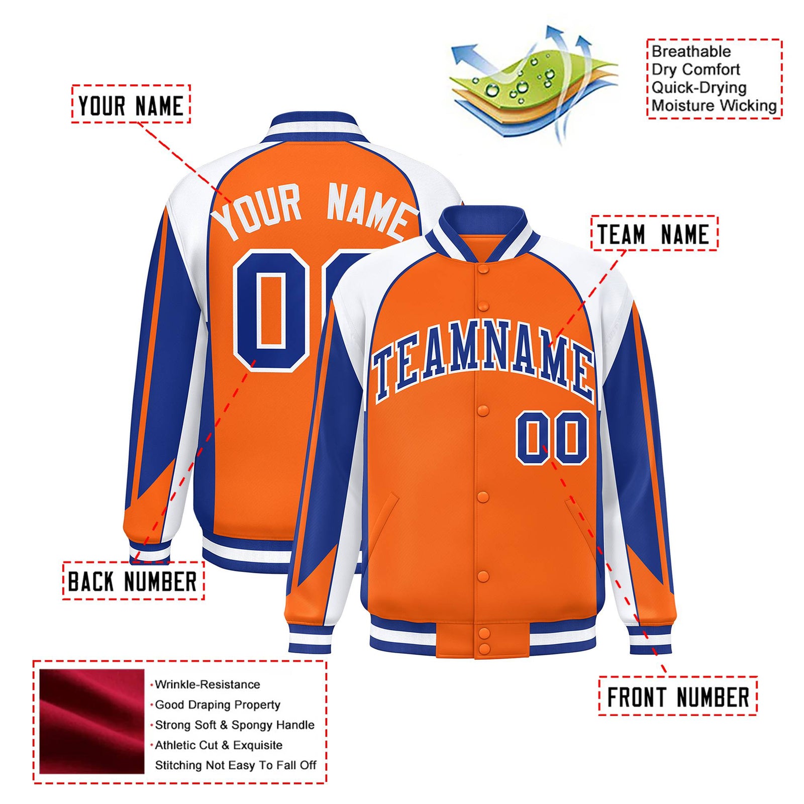 Custom Orange White-Blue Raglan Sleeves Varsity Letterman Two Tone Jacket