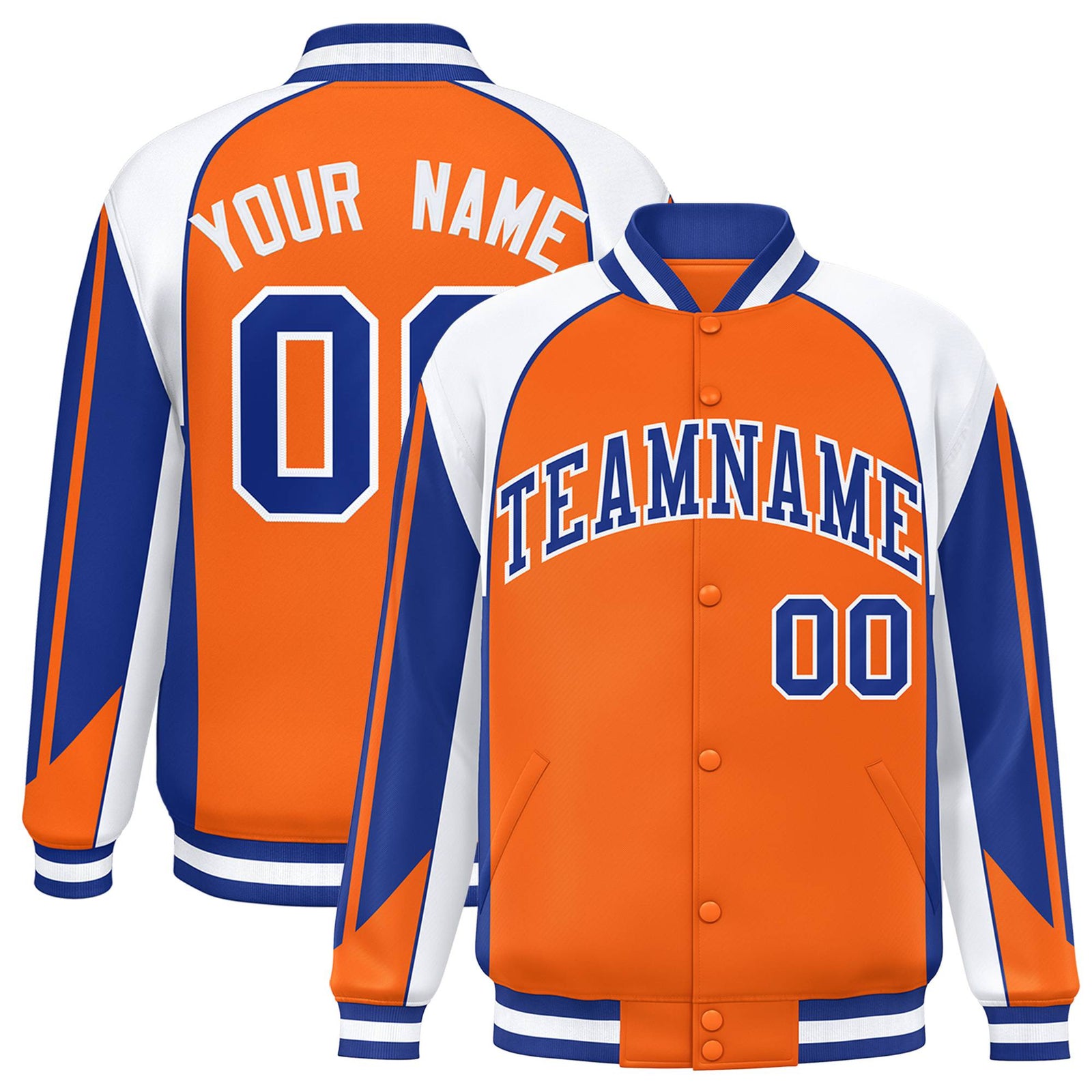 Custom Orange White-Blue Raglan Sleeves Varsity Letterman Two Tone Jacket
