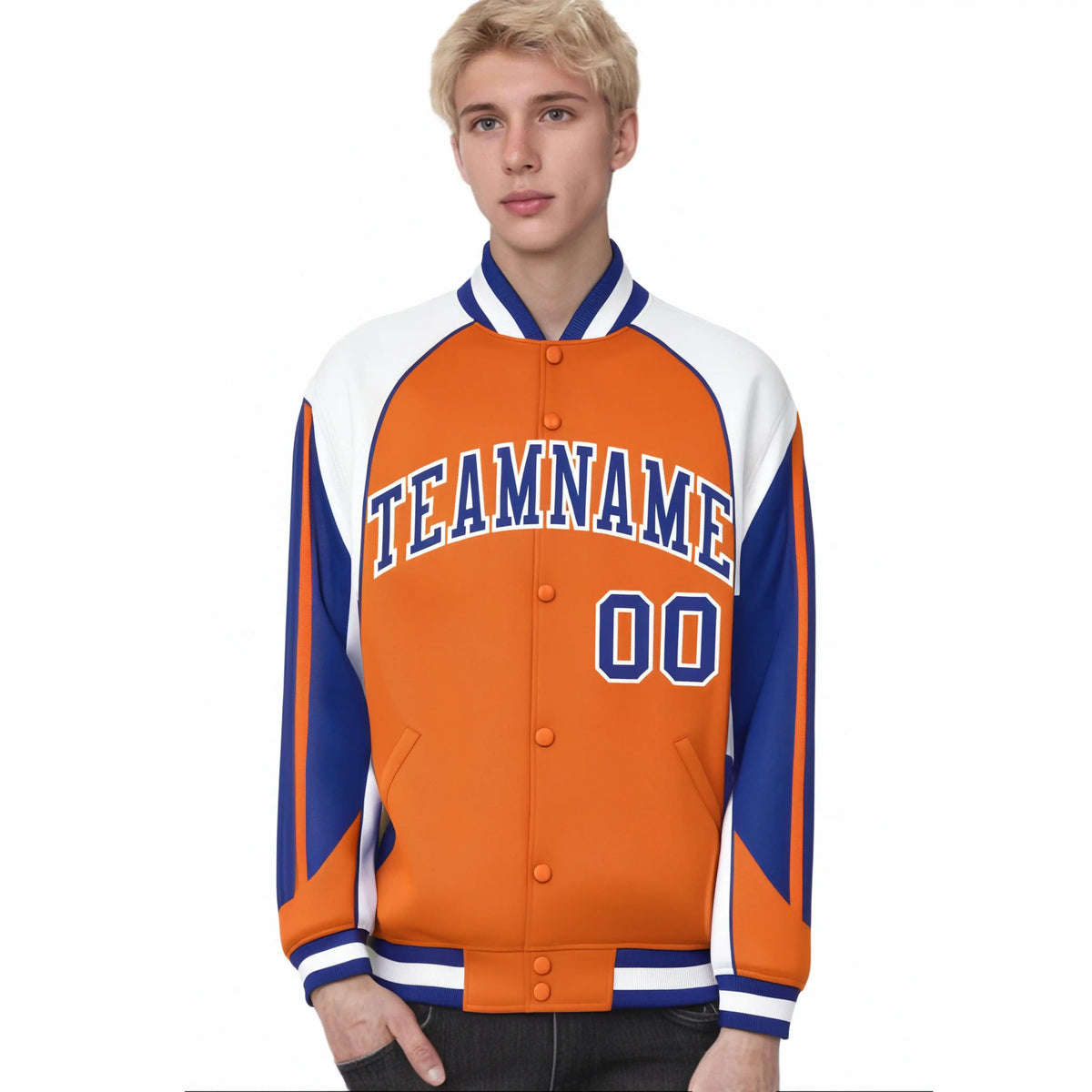 Custom Orange White-Blue Raglan Sleeves Varsity Letterman Two Tone Jacket