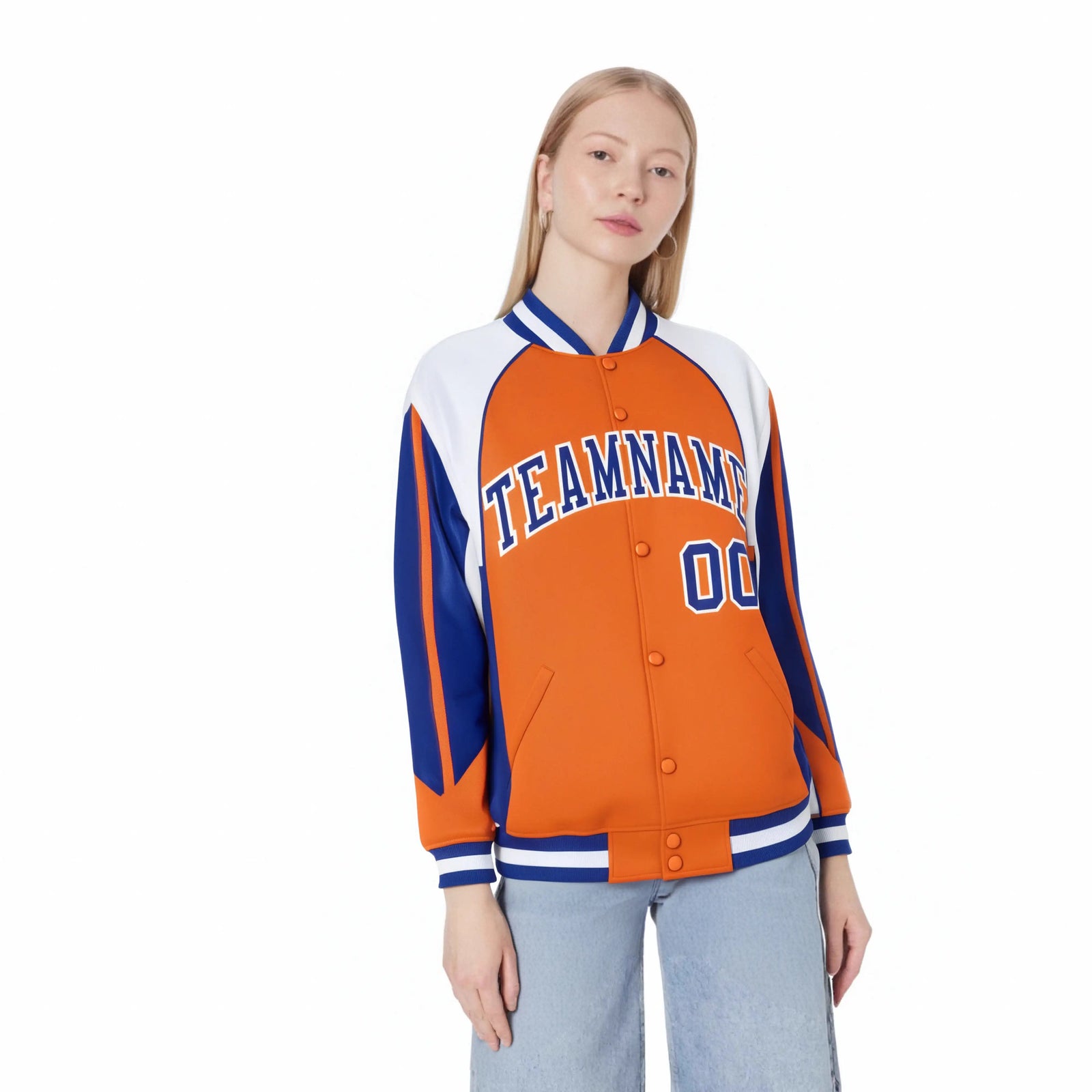 Custom Orange White-Blue Raglan Sleeves Varsity Letterman Two Tone Jacket