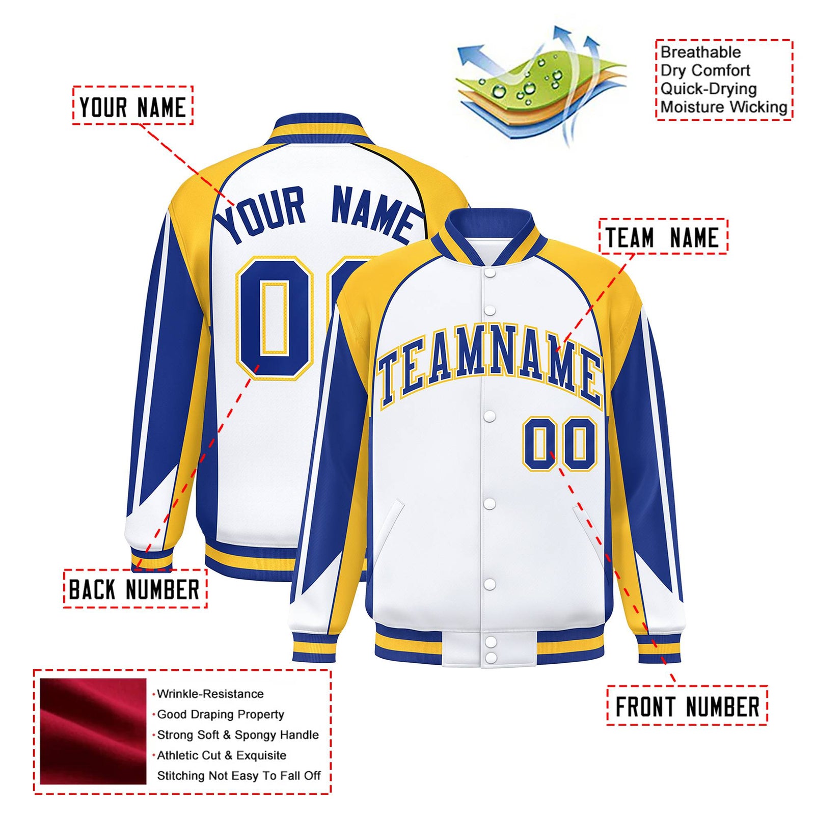 Custom White Yellow-Blue Raglan Sleeves Varsity Letterman Two Tone Jacket