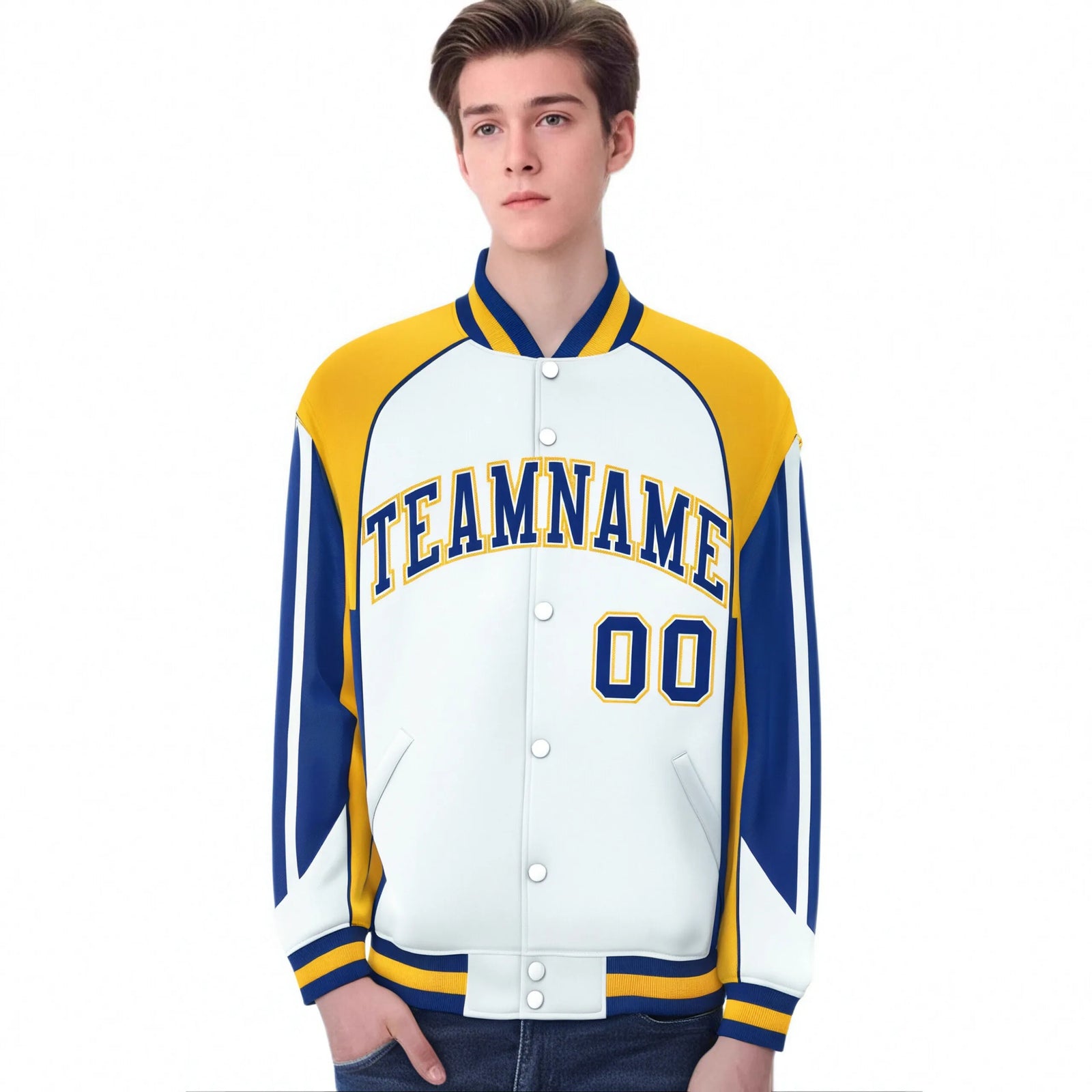 Custom White Yellow-Blue Raglan Sleeves Varsity Letterman Two Tone Jacket