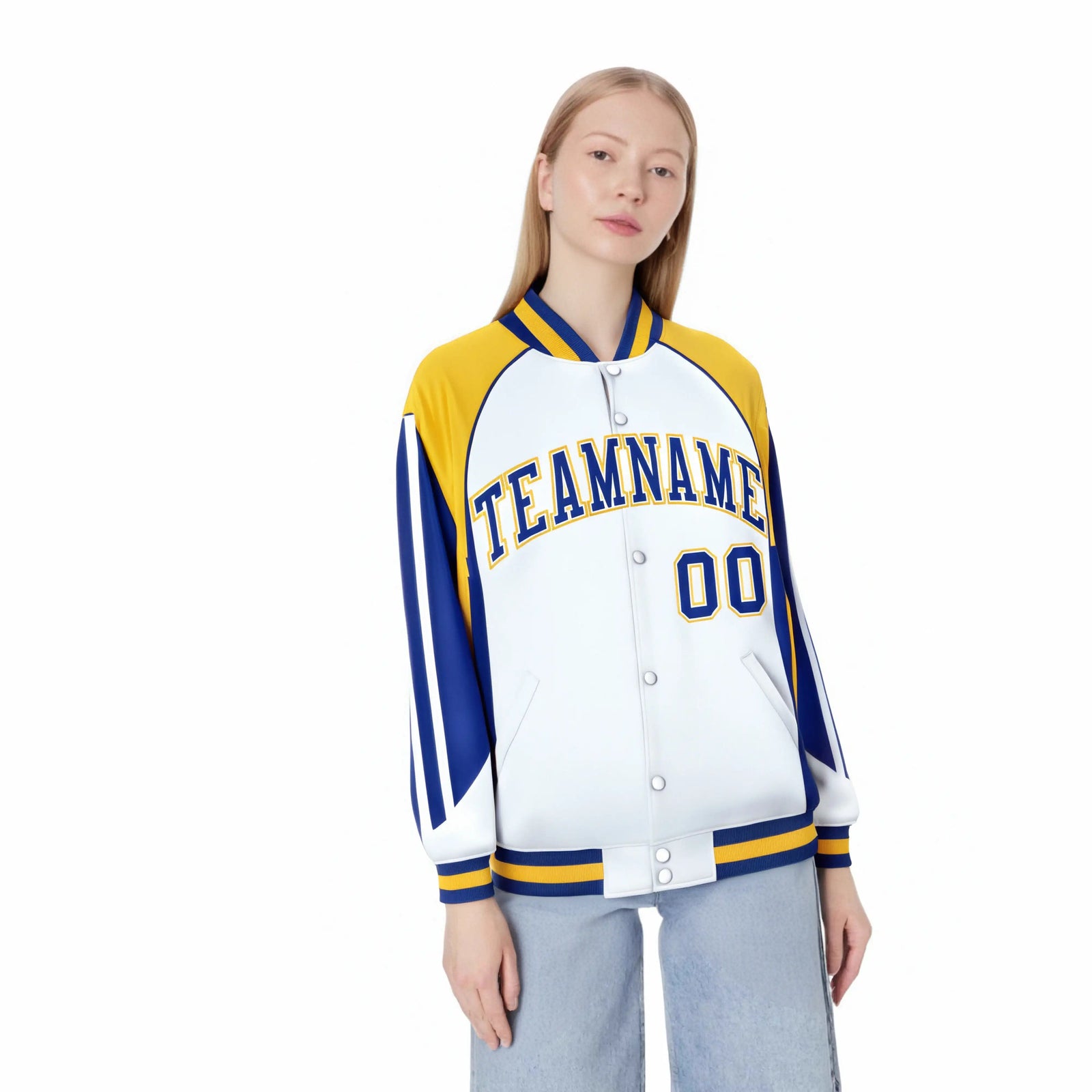 Custom White Yellow-Blue Raglan Sleeves Varsity Letterman Two Tone Jacket