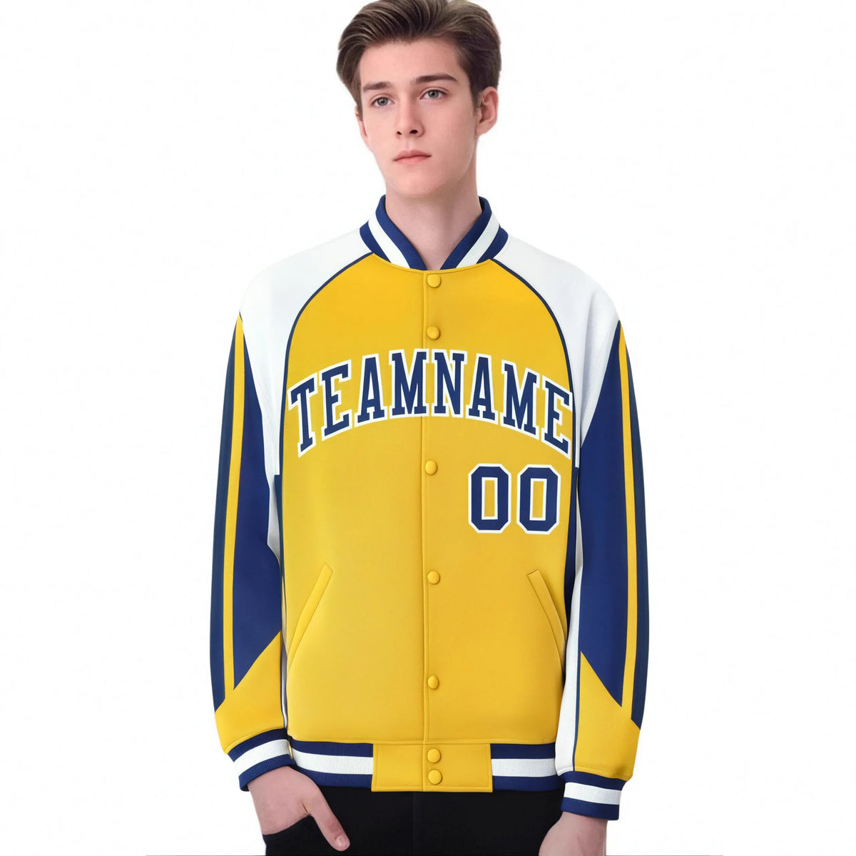 Custom Yellow White-Blue Raglan Sleeves Varsity Letterman Two Tone Jacket