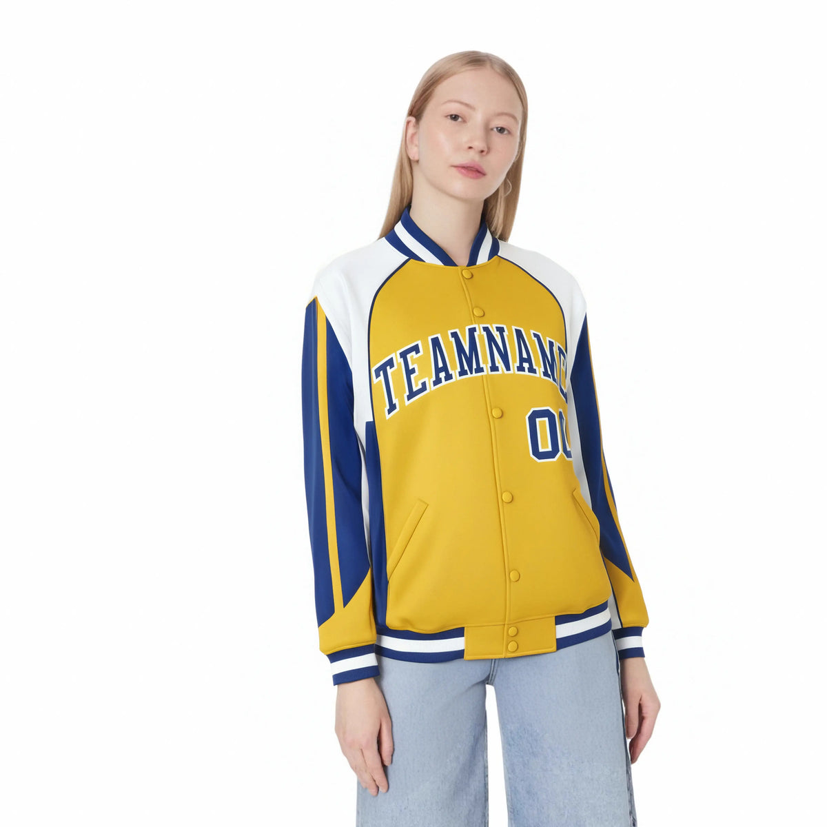 Custom Yellow White-Blue Raglan Sleeves Varsity Letterman Two Tone Jacket
