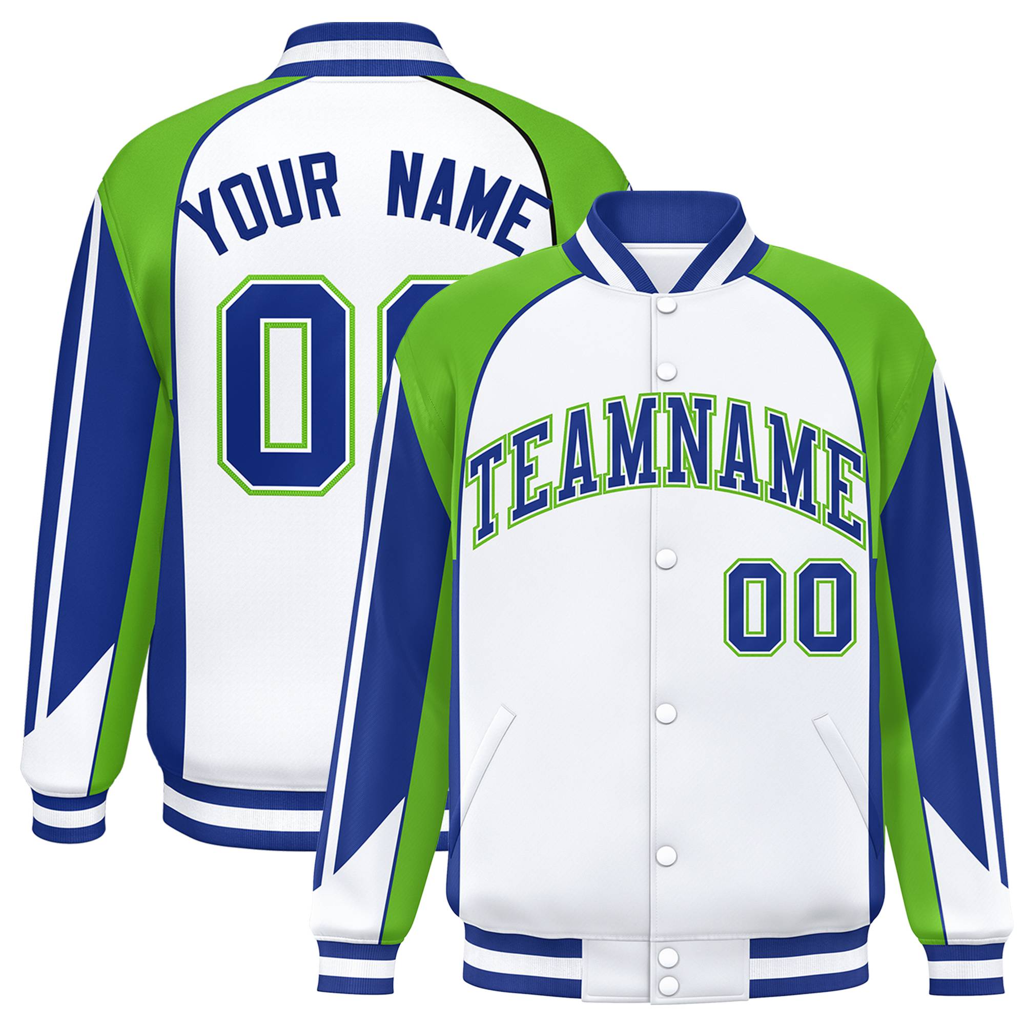 Custom White Neon-Green Blue Raglan Sleeves Varsity Letterman Two Tone Jacket