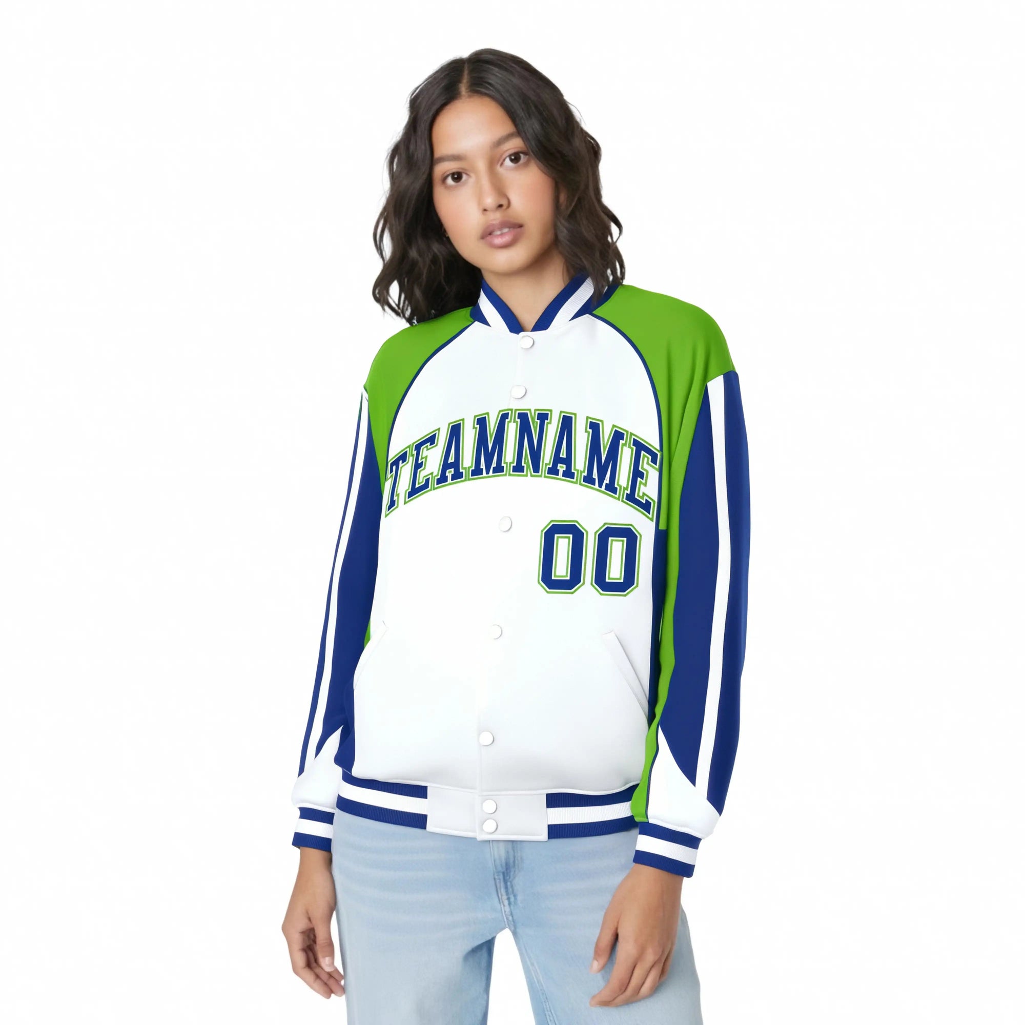 Custom White Neon-Green Blue Raglan Sleeves Varsity Letterman Two Tone Jacket