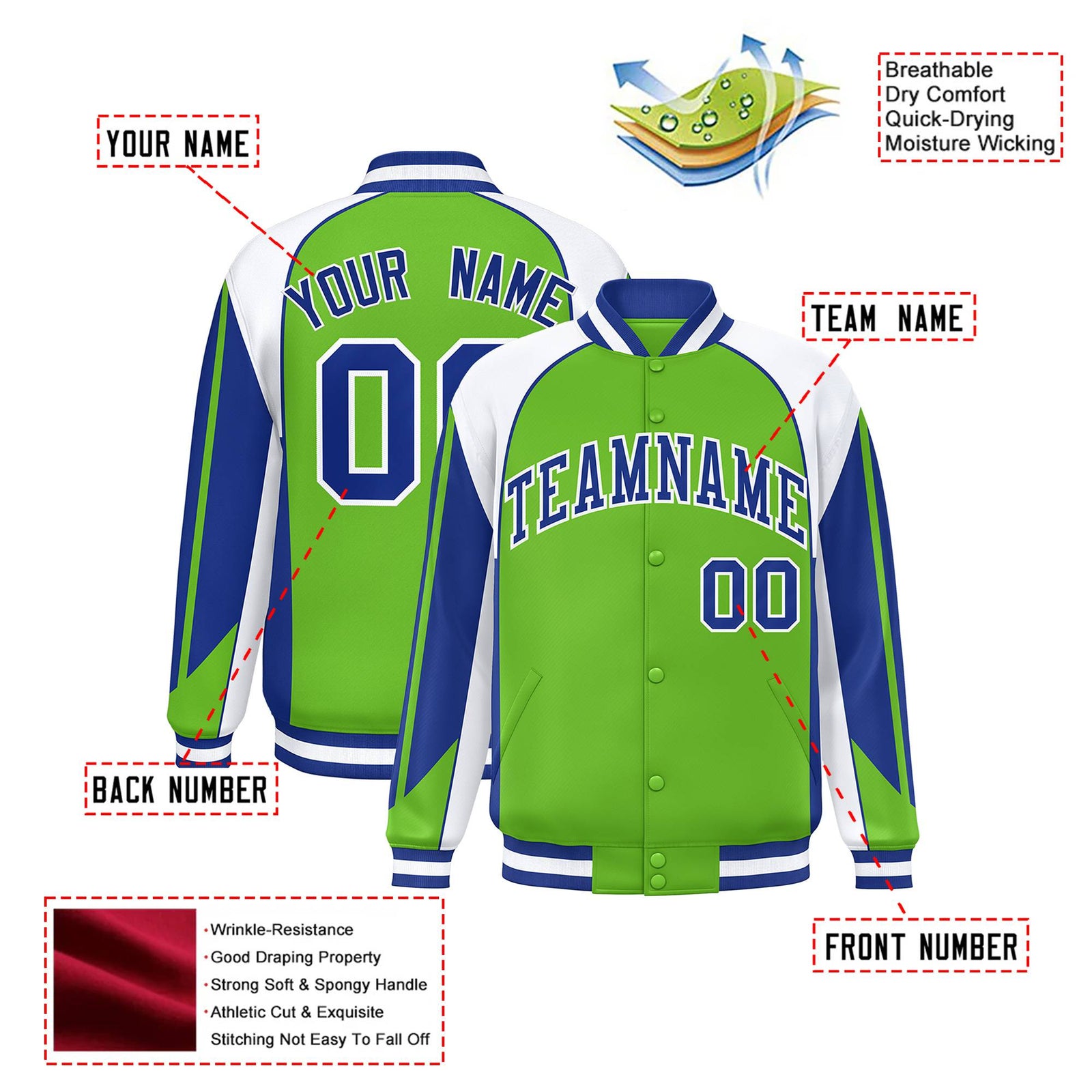 Custom Neon-Green White-Blue Raglan Sleeves Varsity Letterman Two Tone Jacket