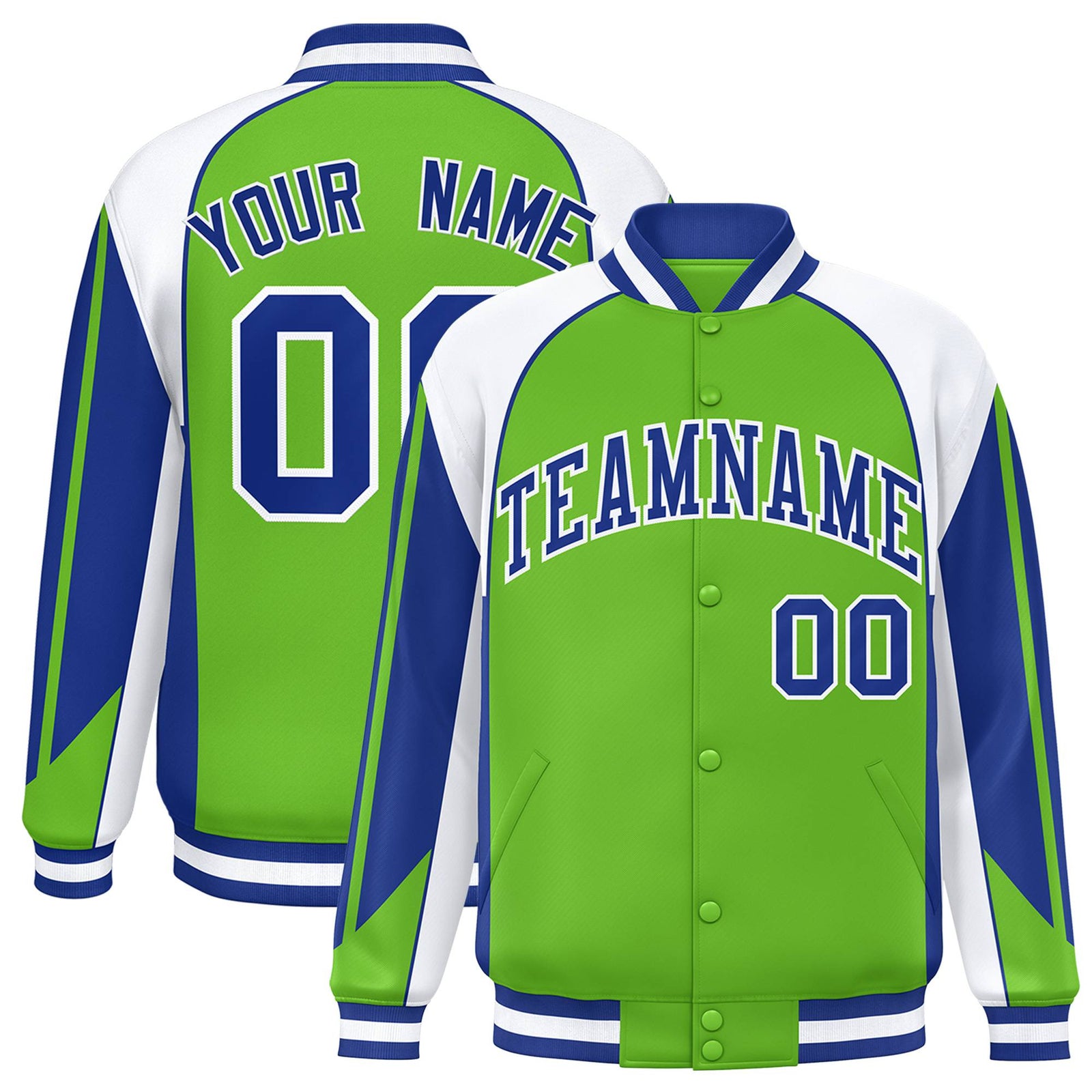 Custom Neon-Green White-Blue Raglan Sleeves Varsity Letterman Two Tone Jacket
