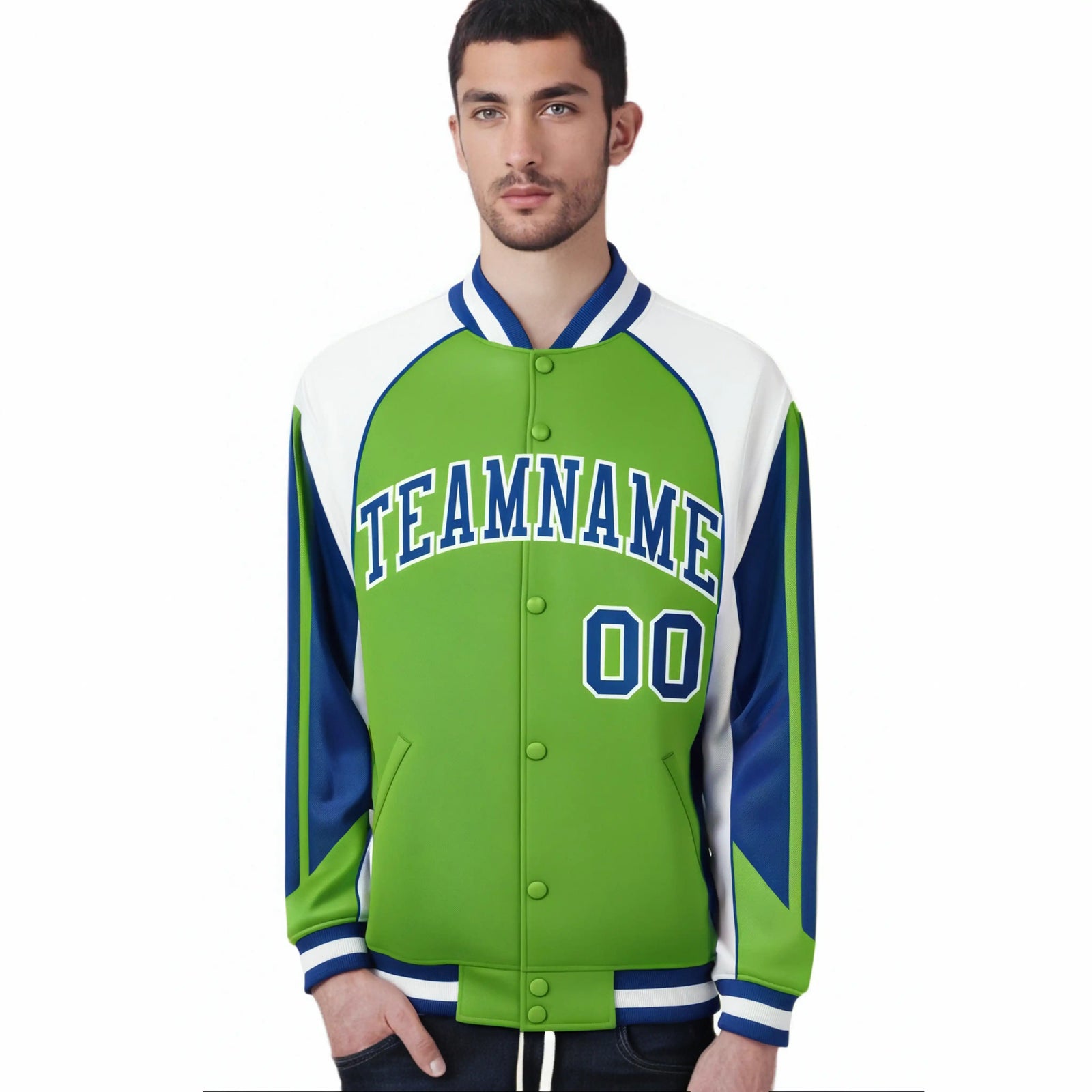 Custom Neon-Green White-Blue Raglan Sleeves Varsity Letterman Two Tone Jacket