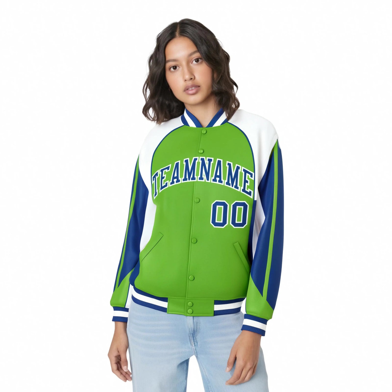 Custom Neon-Green White-Blue Raglan Sleeves Varsity Letterman Two Tone Jacket