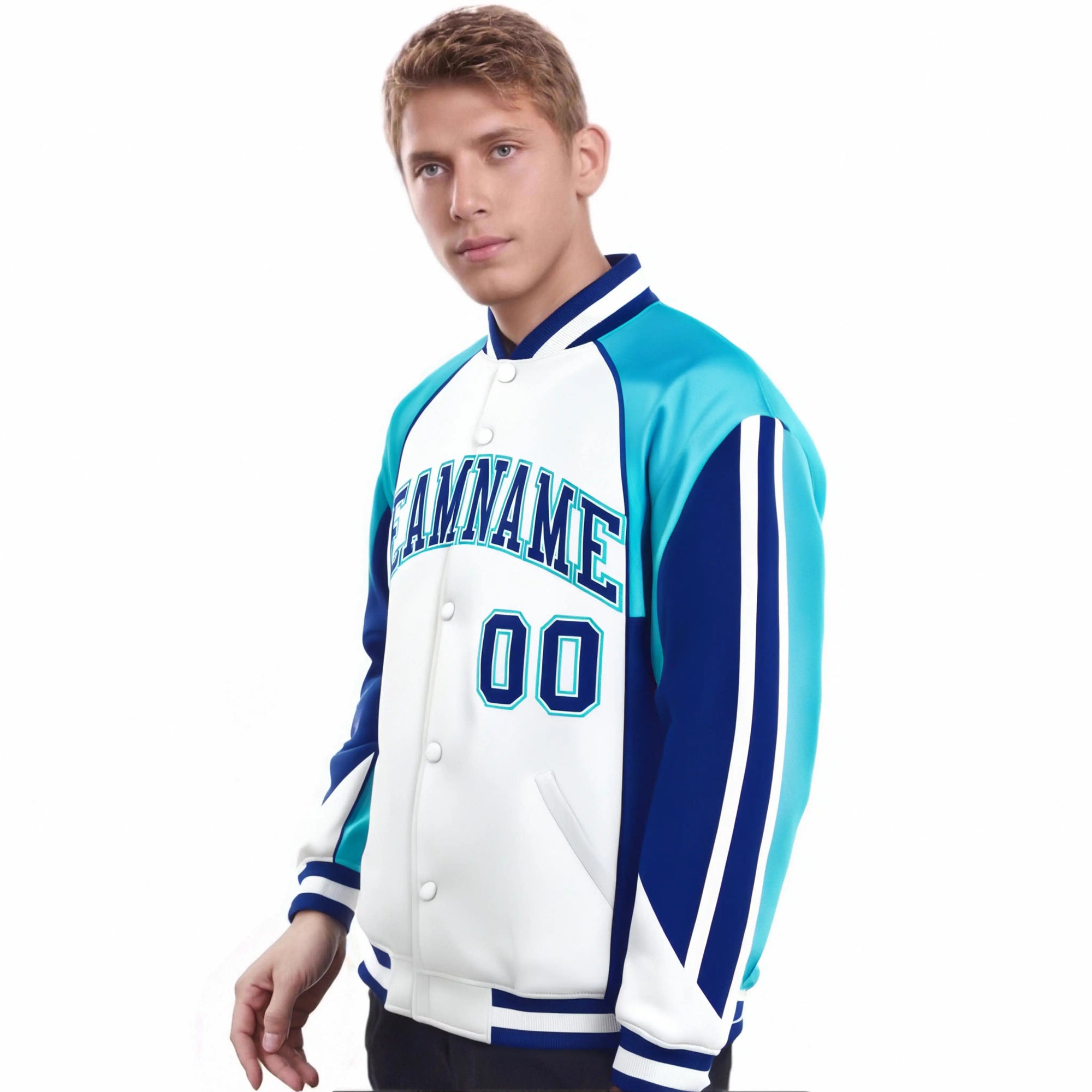 Custom White Aqua-Blue Raglan Sleeves Varsity Letterman Two Tone Jacket