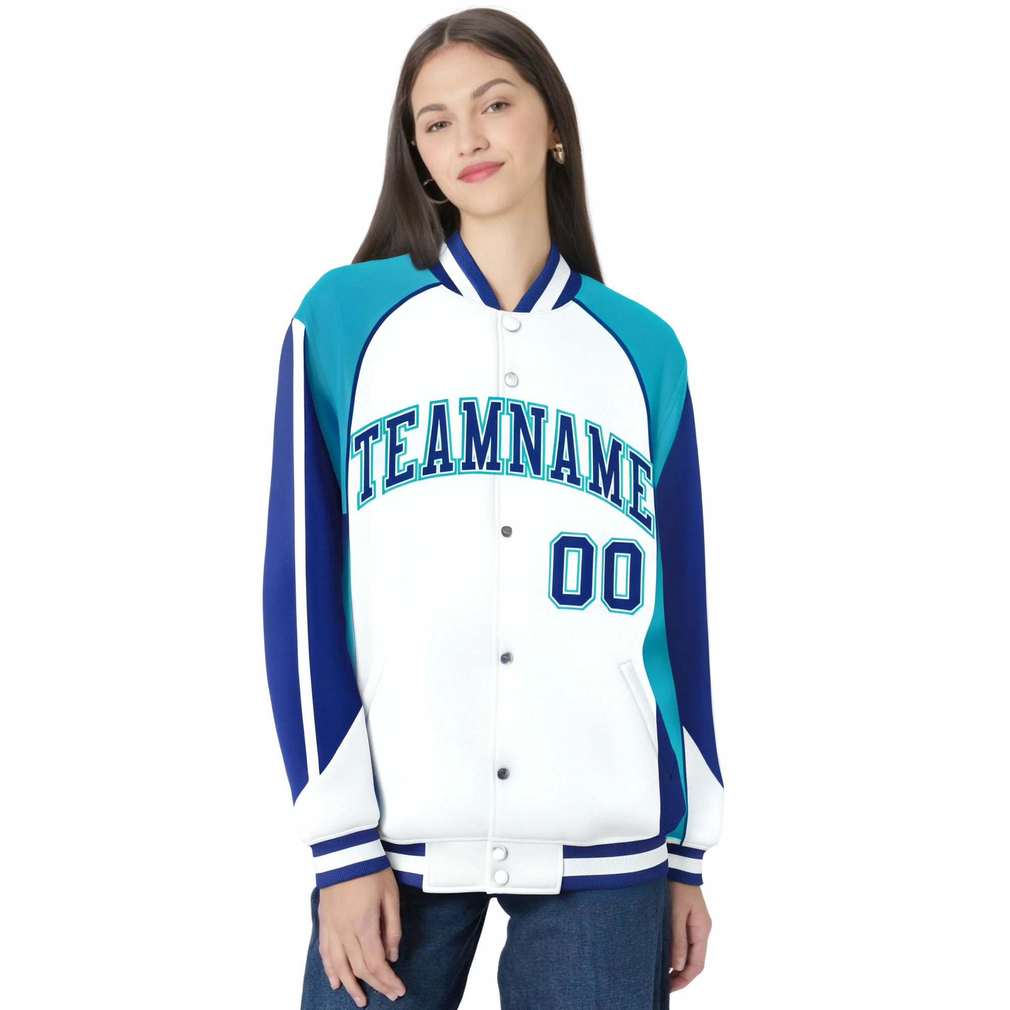 Custom White Aqua-Blue Raglan Sleeves Varsity Letterman Two Tone Jacket