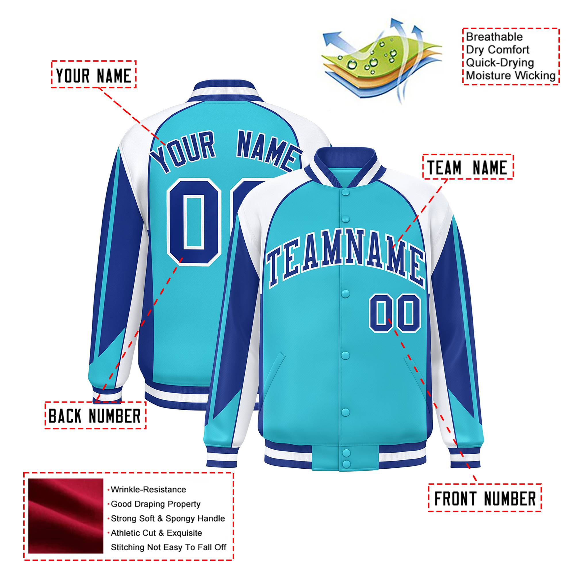 Custom Aqua White-Blue Raglan Sleeves Varsity Letterman Two Tone Jacket