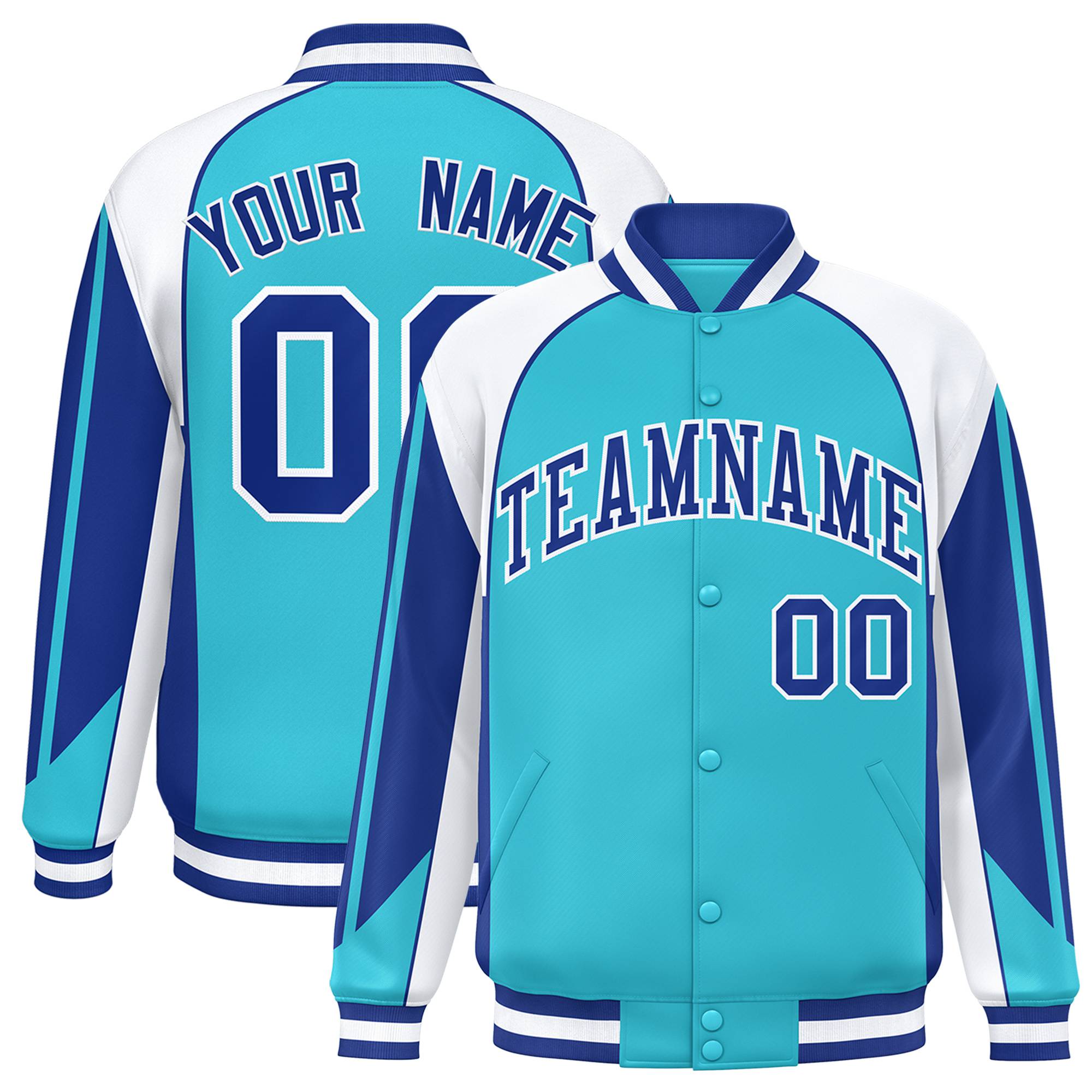 Custom Aqua White-Blue Raglan Sleeves Varsity Letterman Two Tone Jacket