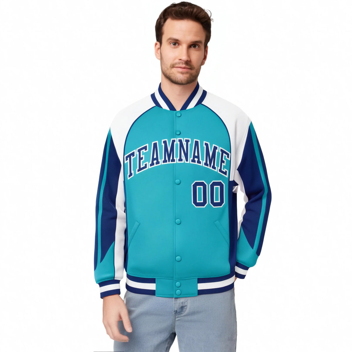 Custom Aqua White-Blue Raglan Sleeves Varsity Letterman Two Tone Jacket