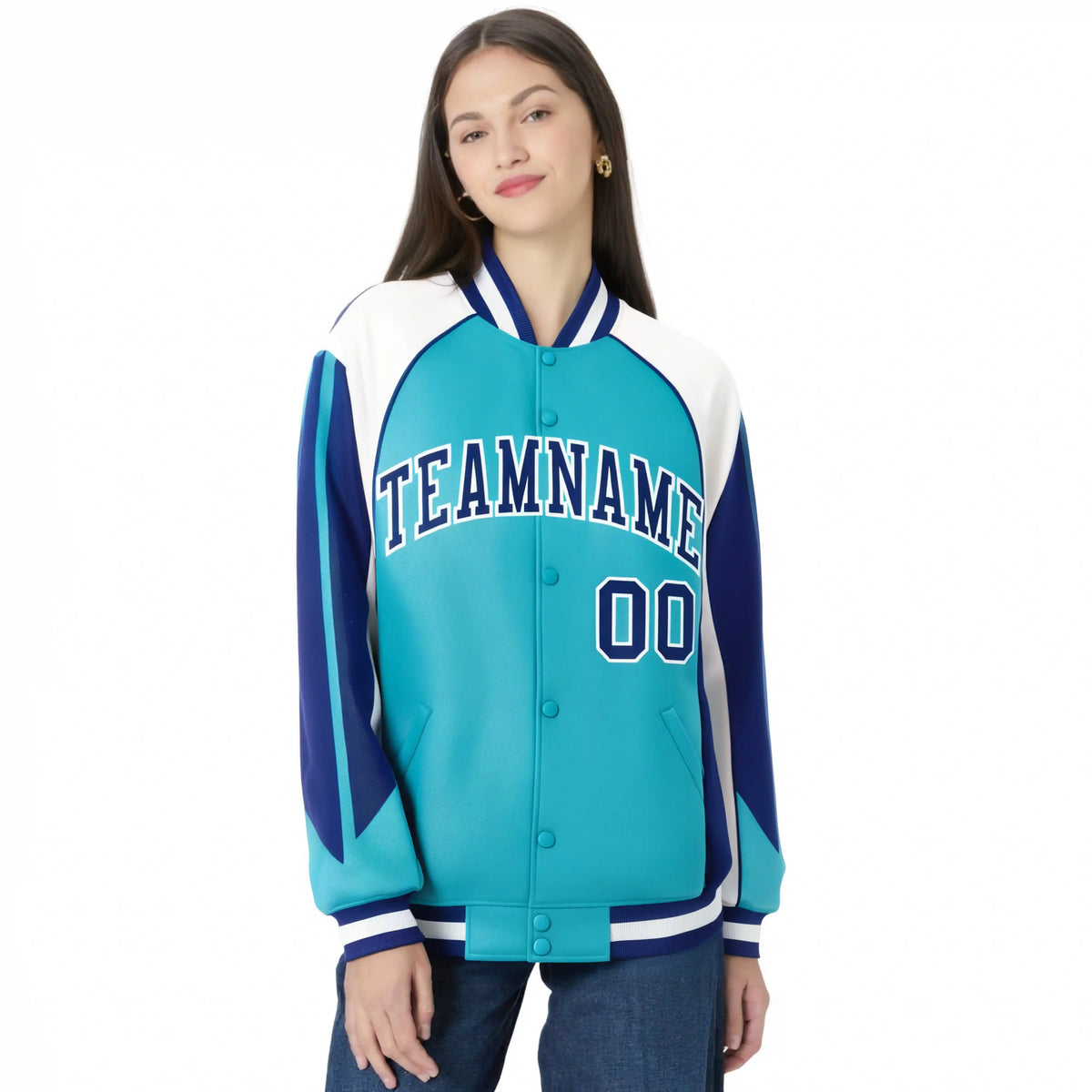 Custom Aqua White-Blue Raglan Sleeves Varsity Letterman Two Tone Jacket