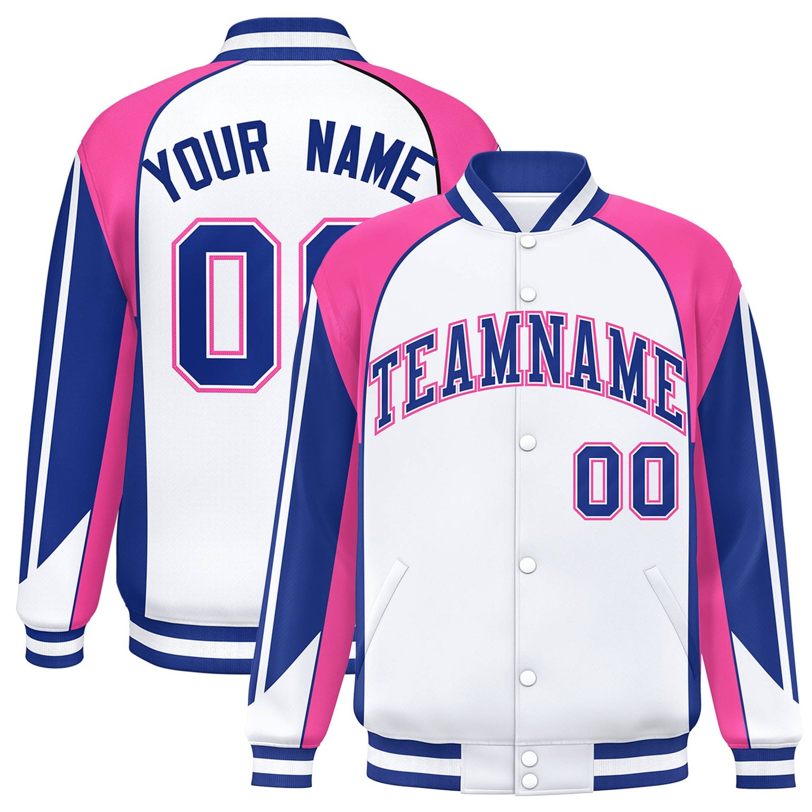 Custom White Pink-Blue Raglan Sleeves Varsity Letterman Two Tone Jacket