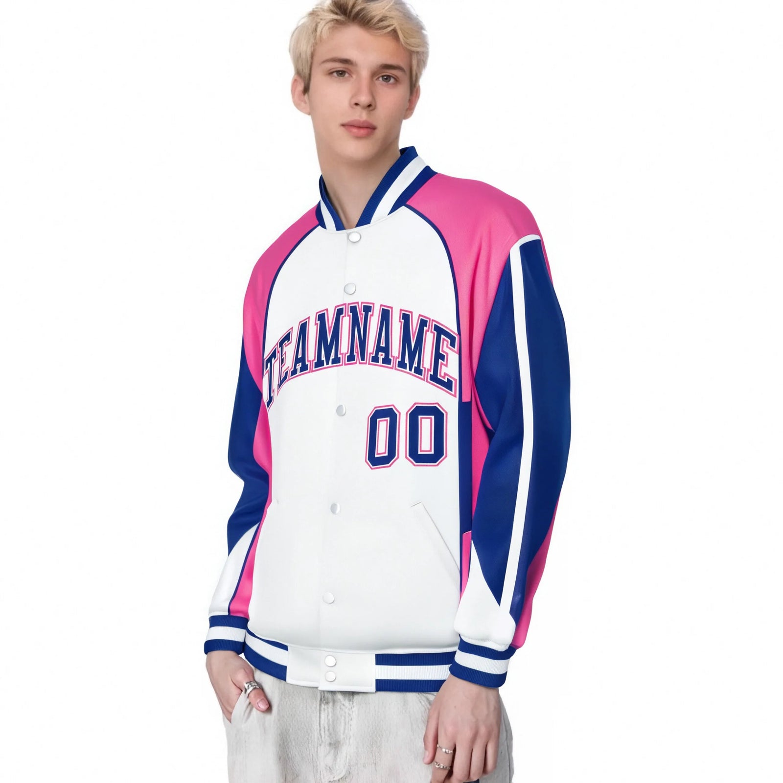 Custom White Pink-Blue Raglan Sleeves Varsity Letterman Two Tone Jacket