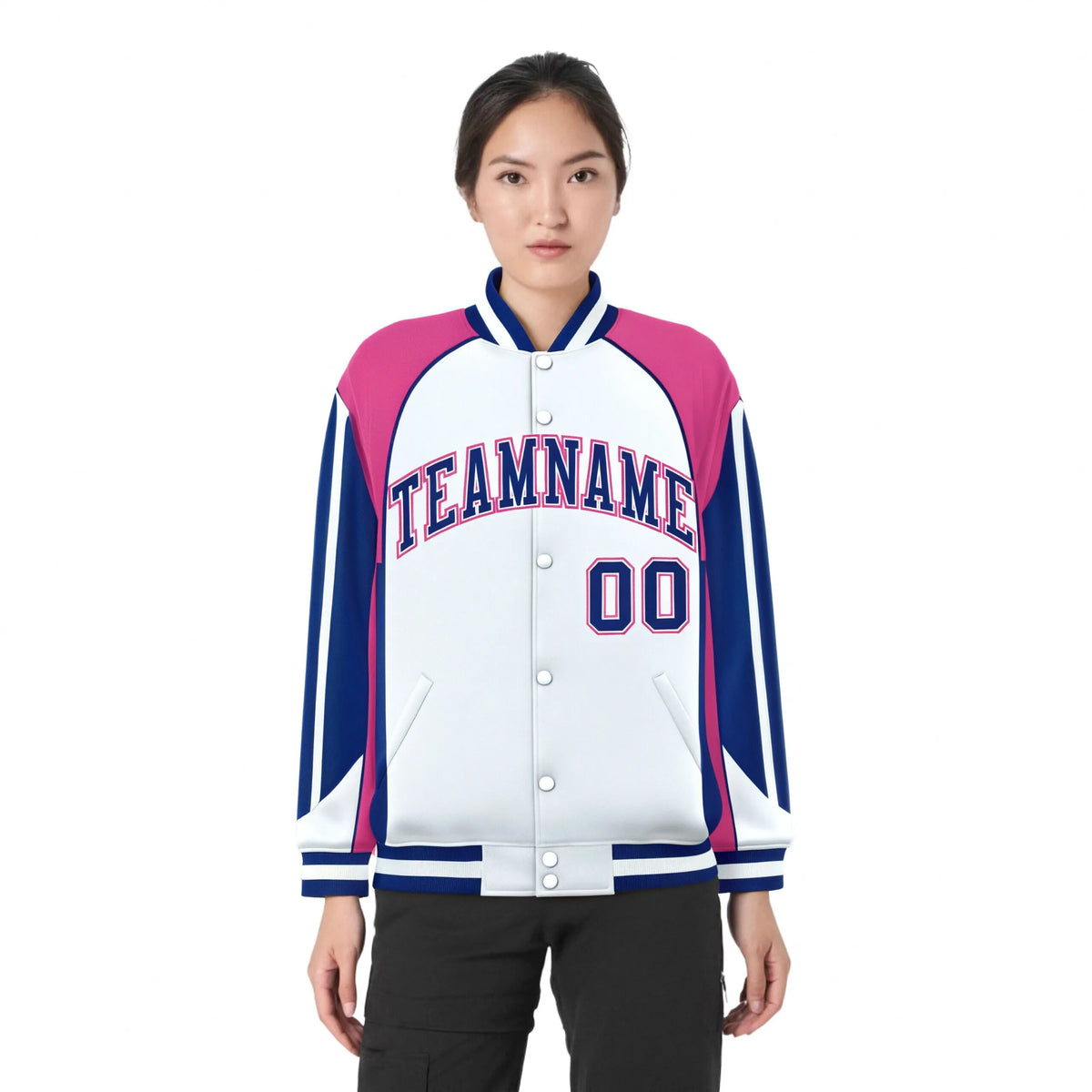 Custom White Pink-Blue Raglan Sleeves Varsity Letterman Two Tone Jacket
