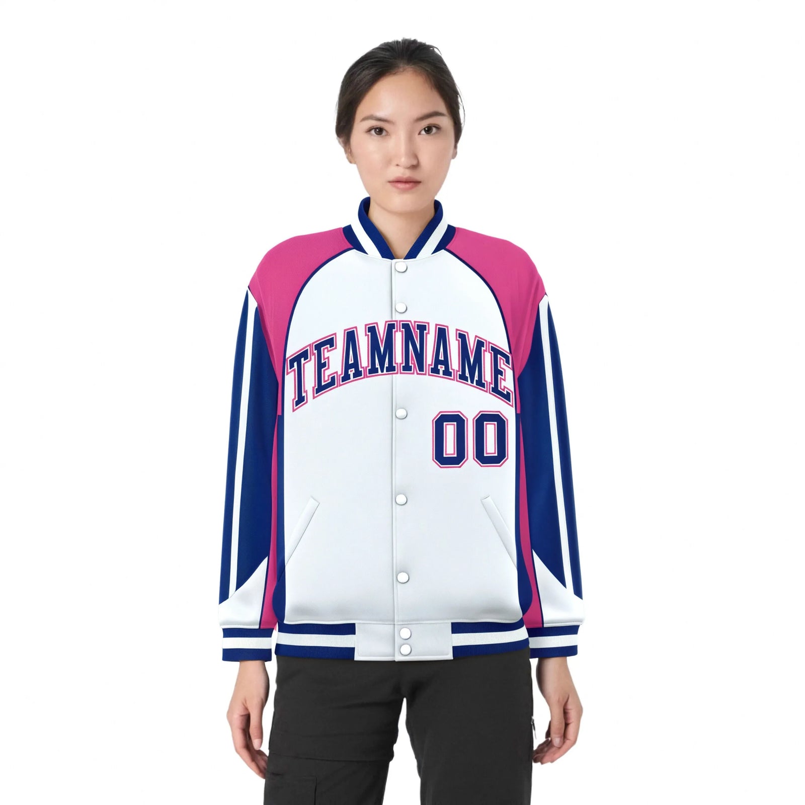 Custom White Pink-Blue Raglan Sleeves Varsity Letterman Two Tone Jacket
