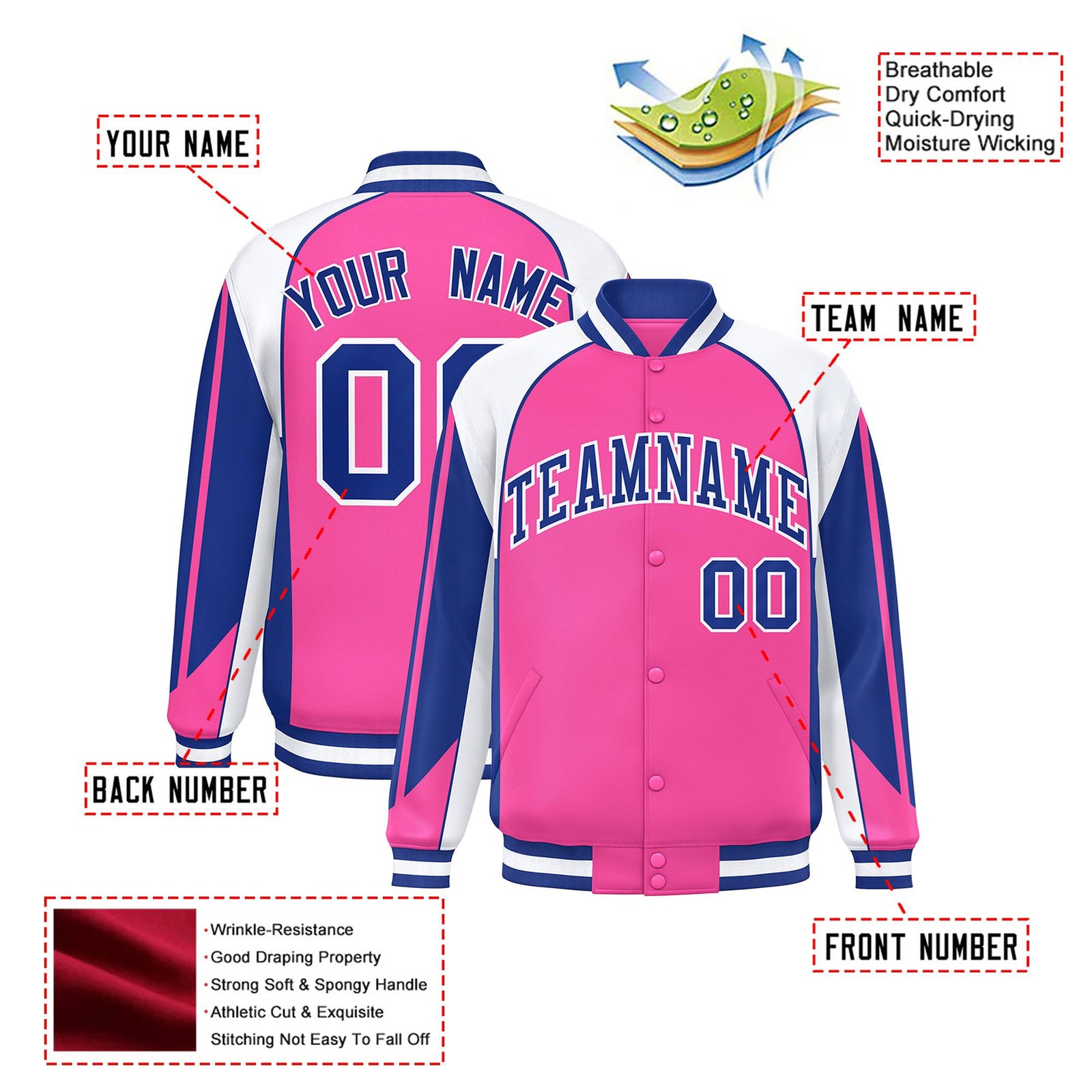 Custom Pink White-Blue Raglan Sleeves Varsity Letterman Two Tone Jacket