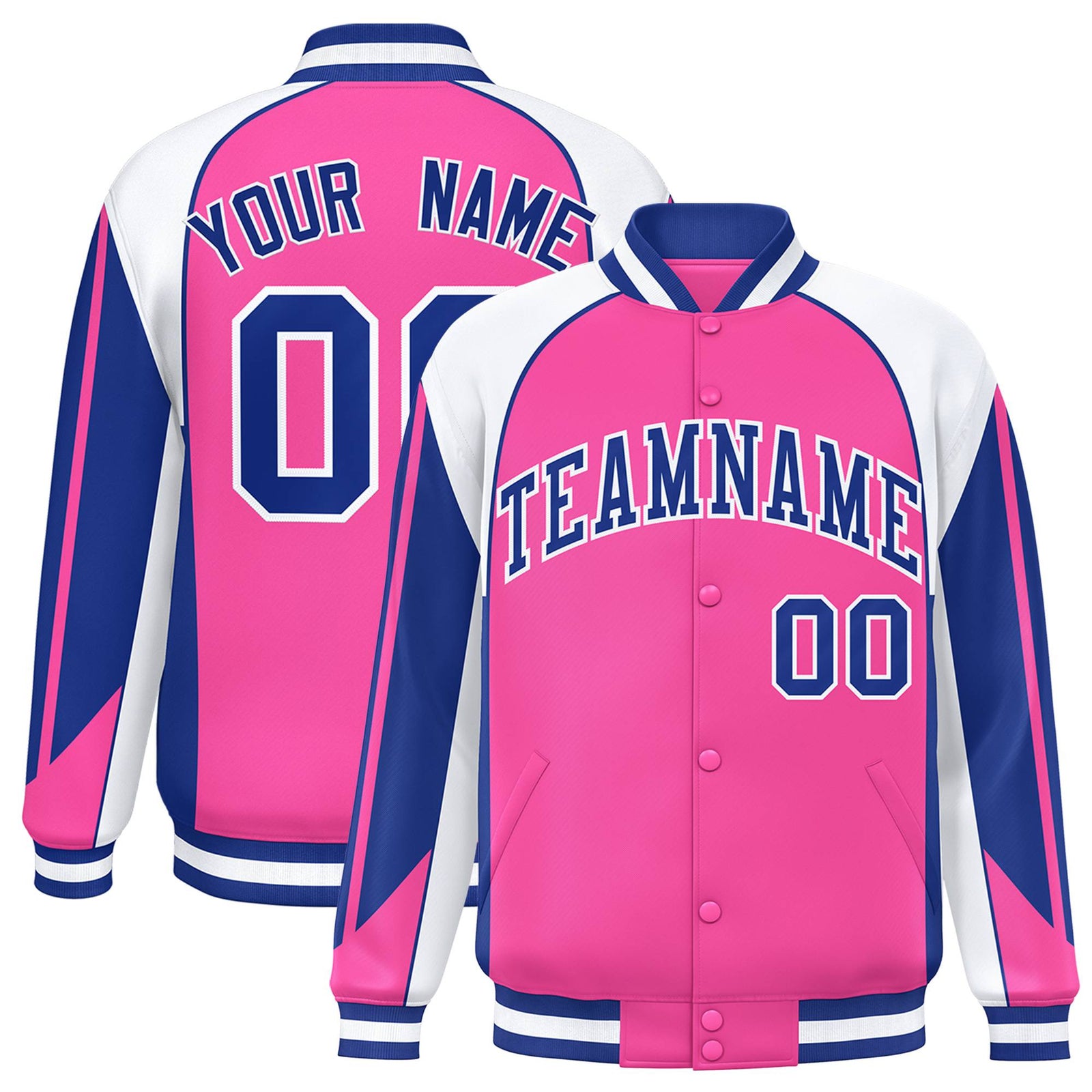 Custom Pink White-Blue Raglan Sleeves Varsity Letterman Two Tone Jacket
