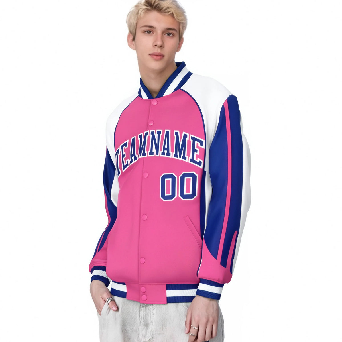 Custom Pink White-Blue Raglan Sleeves Varsity Letterman Two Tone Jacket
