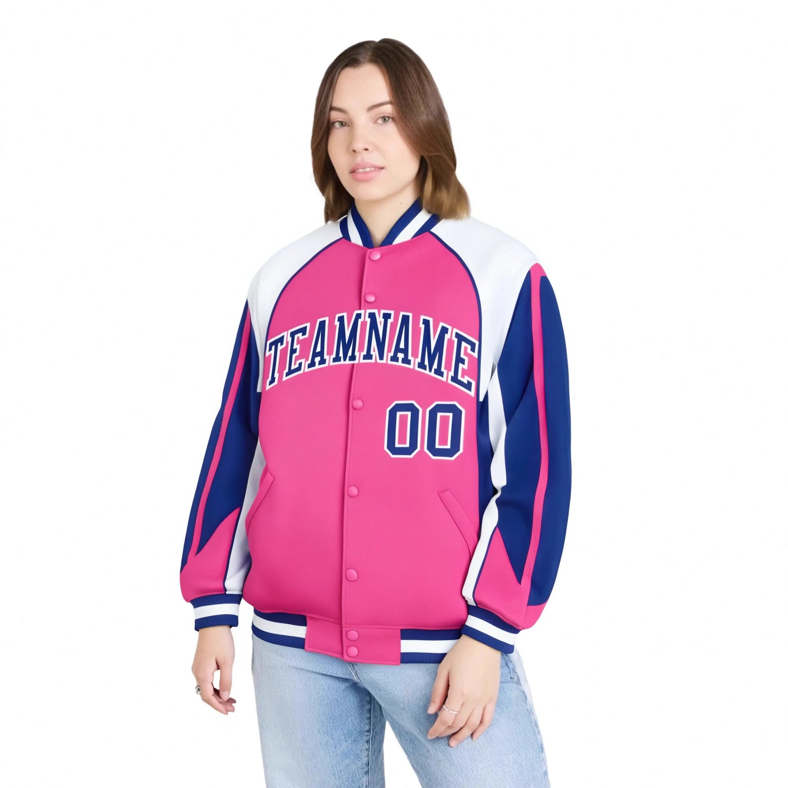 Custom Pink White-Blue Raglan Sleeves Varsity Letterman Two Tone Jacket