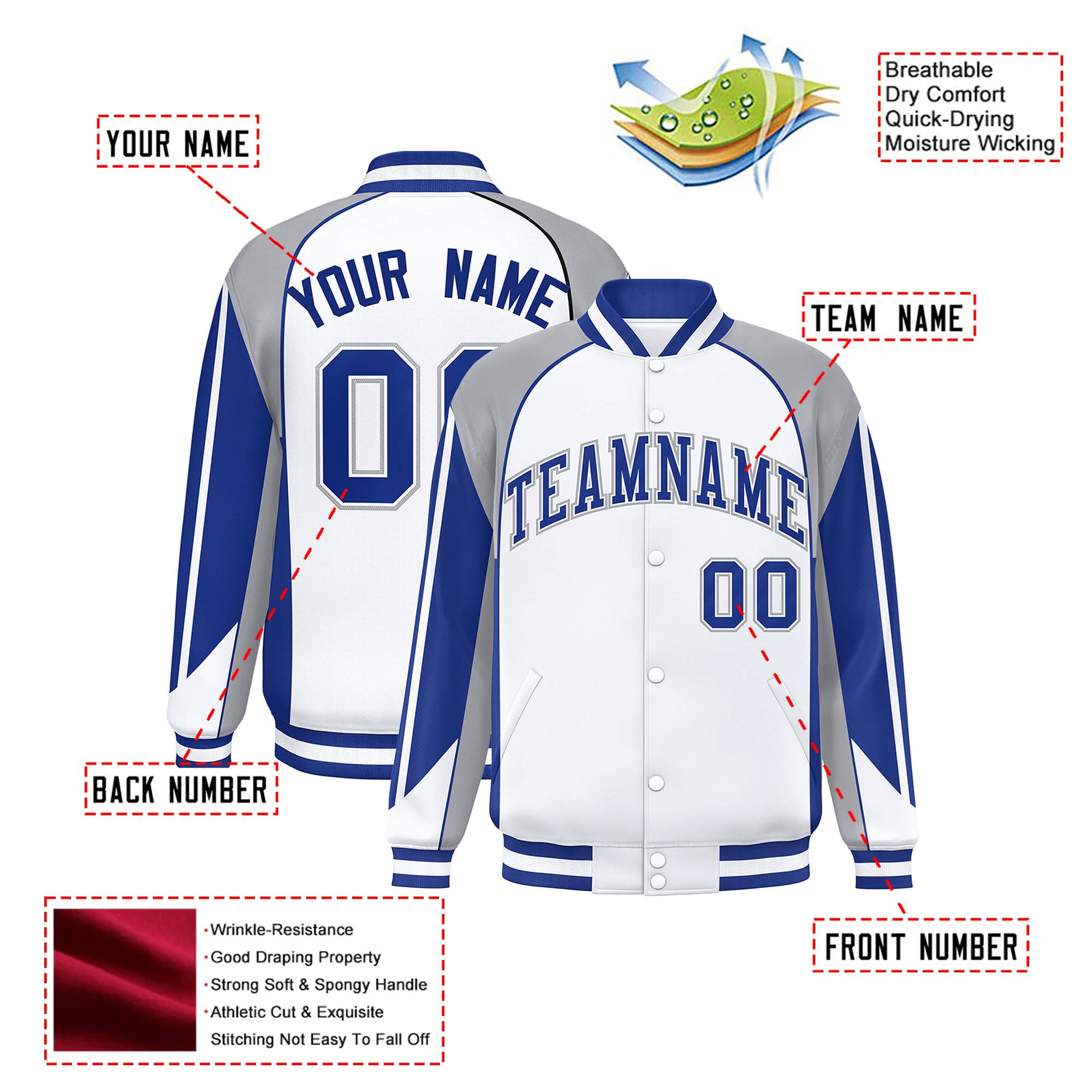 Custom White Navy-Blue Raglan Sleeves Varsity Letterman Two Tone Jacket