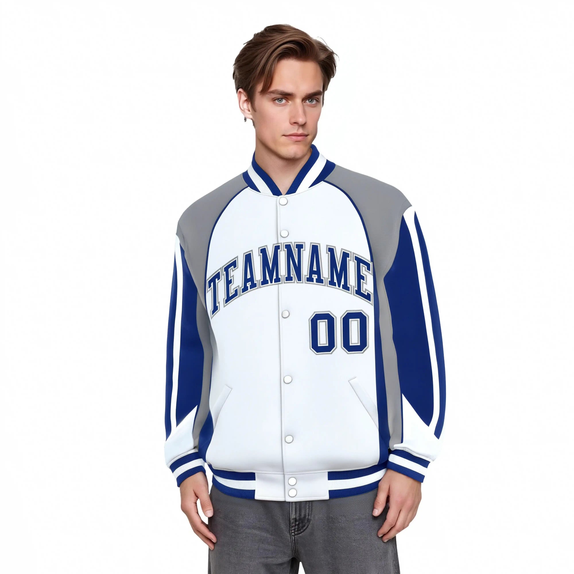 Custom White Navy-Blue Raglan Sleeves Varsity Letterman Two Tone Jacket