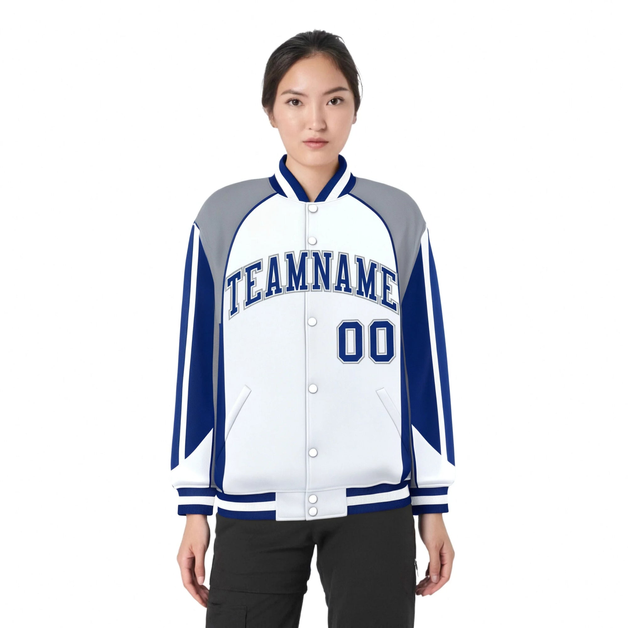 Custom White Navy-Blue Raglan Sleeves Varsity Letterman Two Tone Jacket