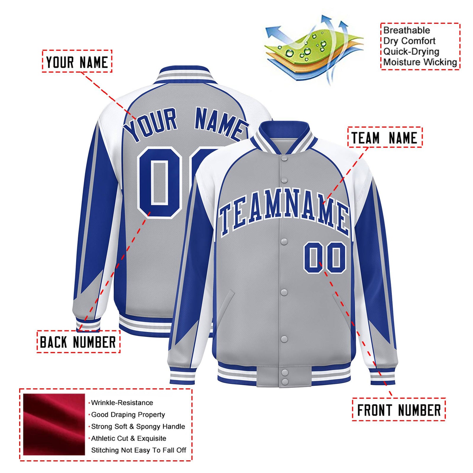Custom Gray White-Blue Raglan Sleeves Varsity Letterman Two Tone Jacket
