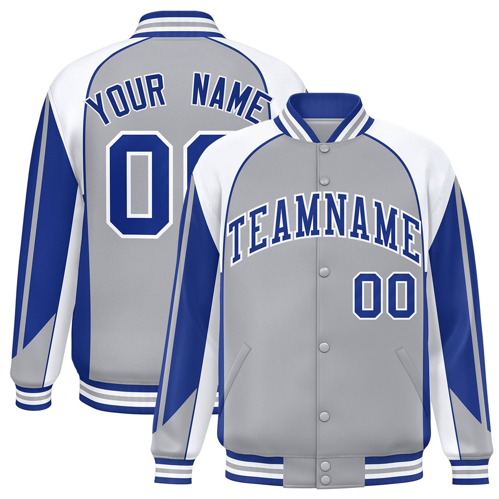 Custom Gray White-Blue Raglan Sleeves Varsity Letterman Two Tone Jacket