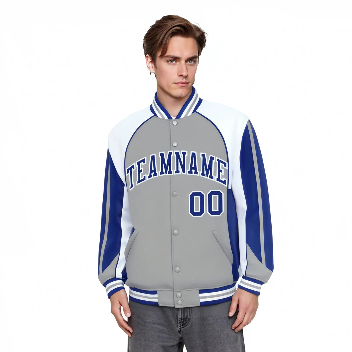 Custom Gray White-Blue Raglan Sleeves Varsity Letterman Two Tone Jacket