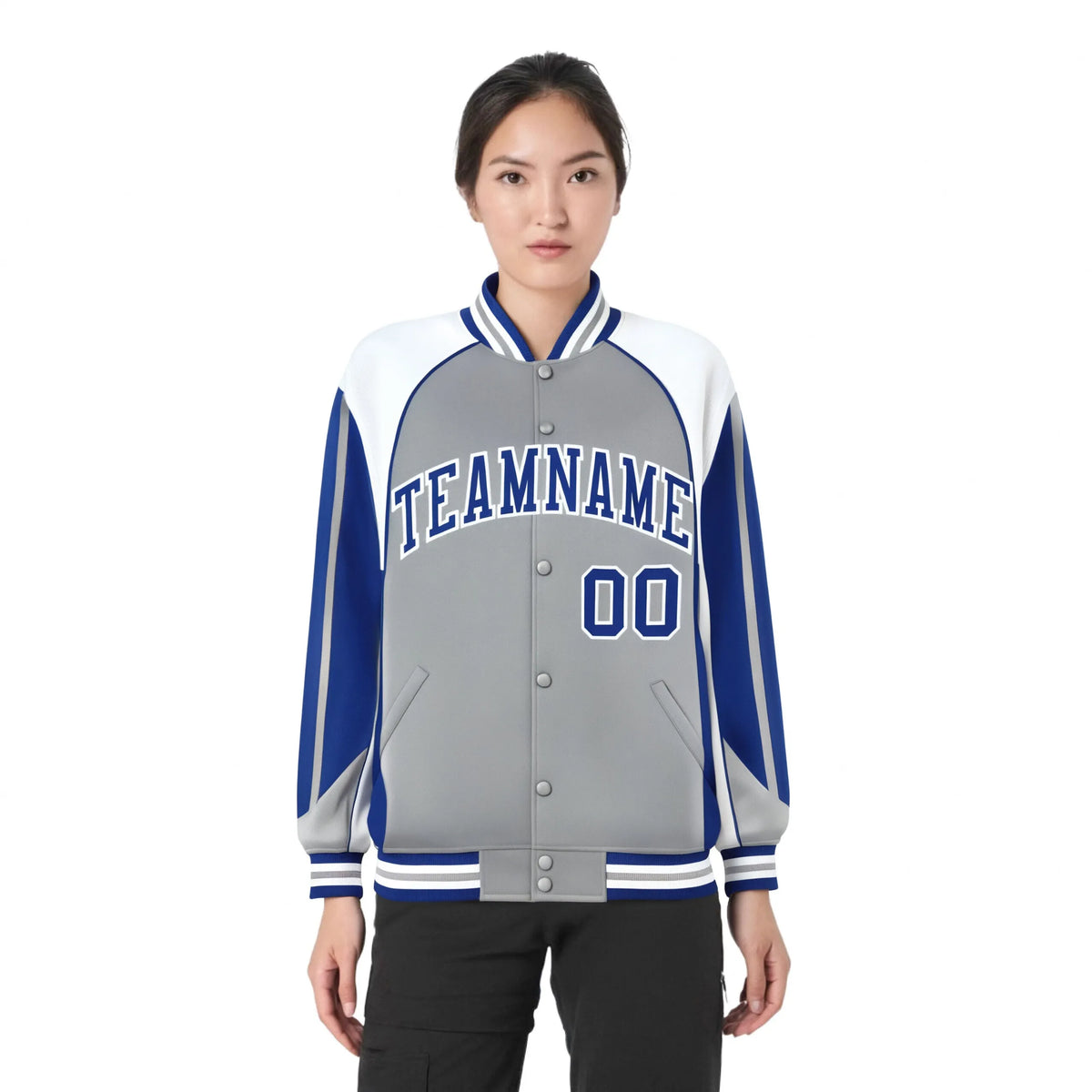 Custom Gray White-Blue Raglan Sleeves Varsity Letterman Two Tone Jacket