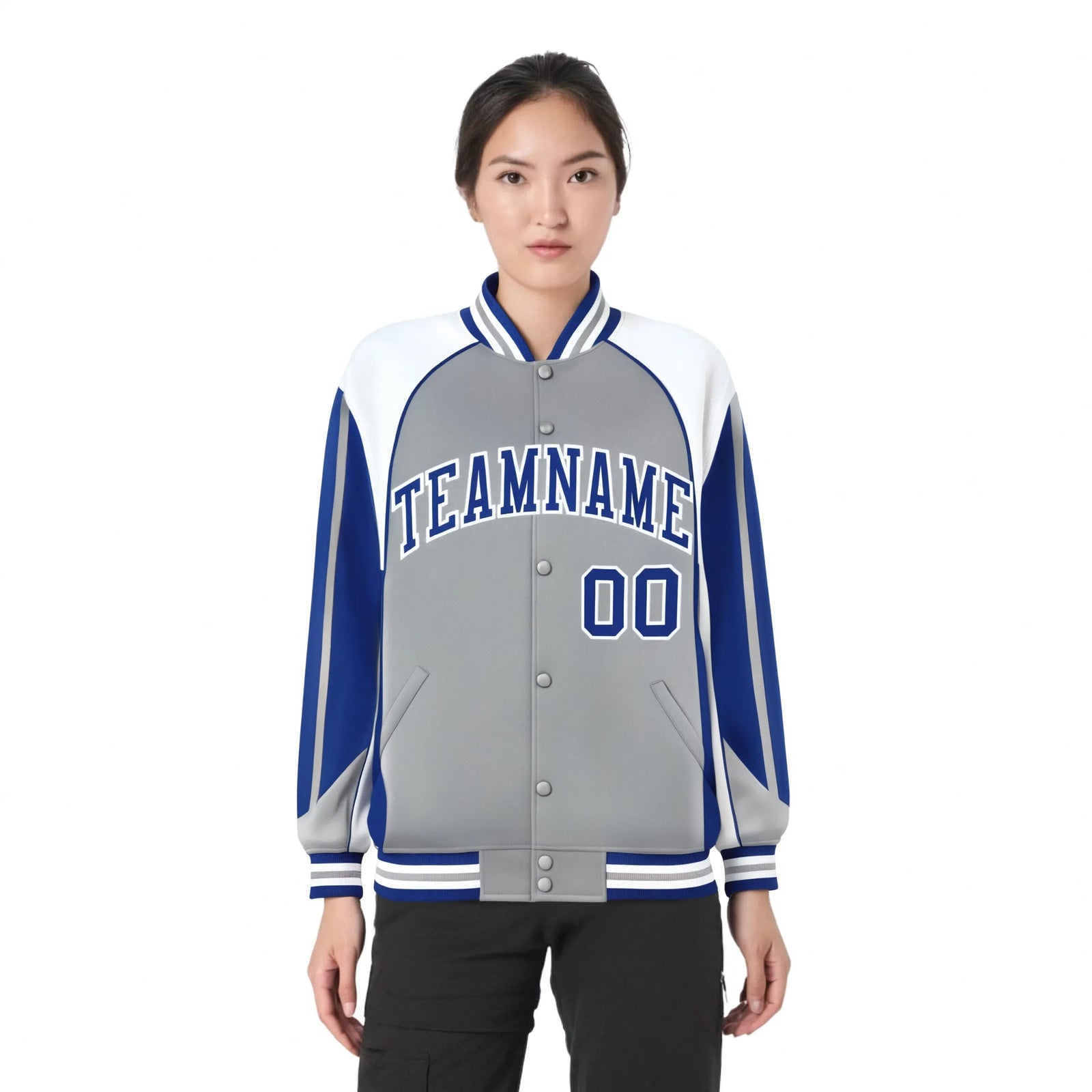 Custom Gray White-Blue Raglan Sleeves Varsity Letterman Two Tone Jacket