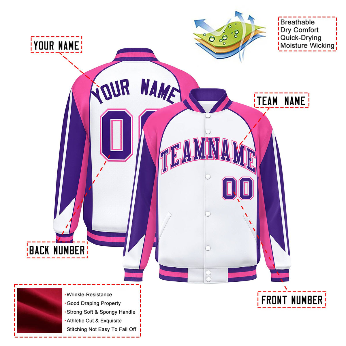 Custom White Pink-Purple Raglan Sleeves Varsity Letterman Two Tone Jacket