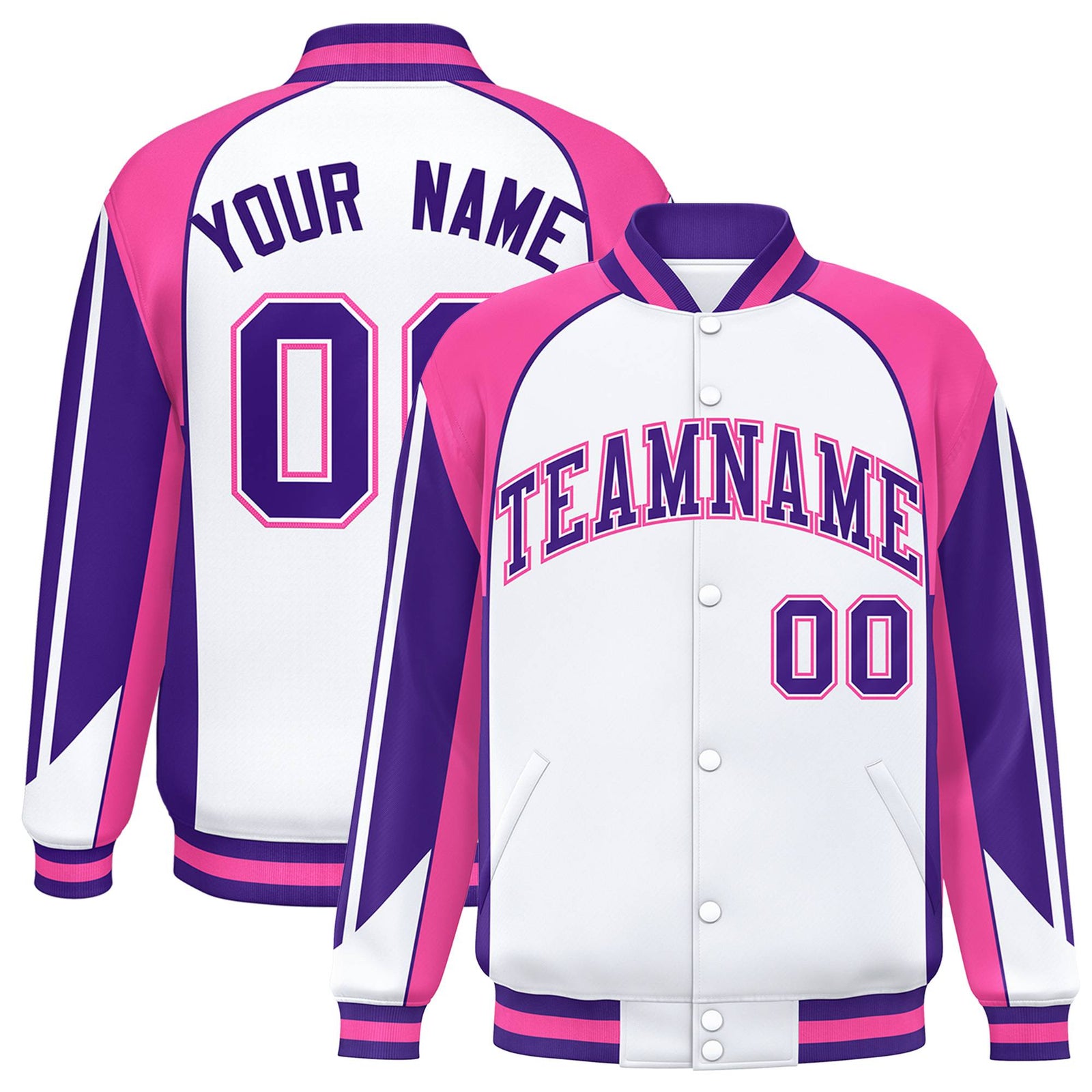 Custom White Pink-Purple Raglan Sleeves Varsity Letterman Two Tone Jacket