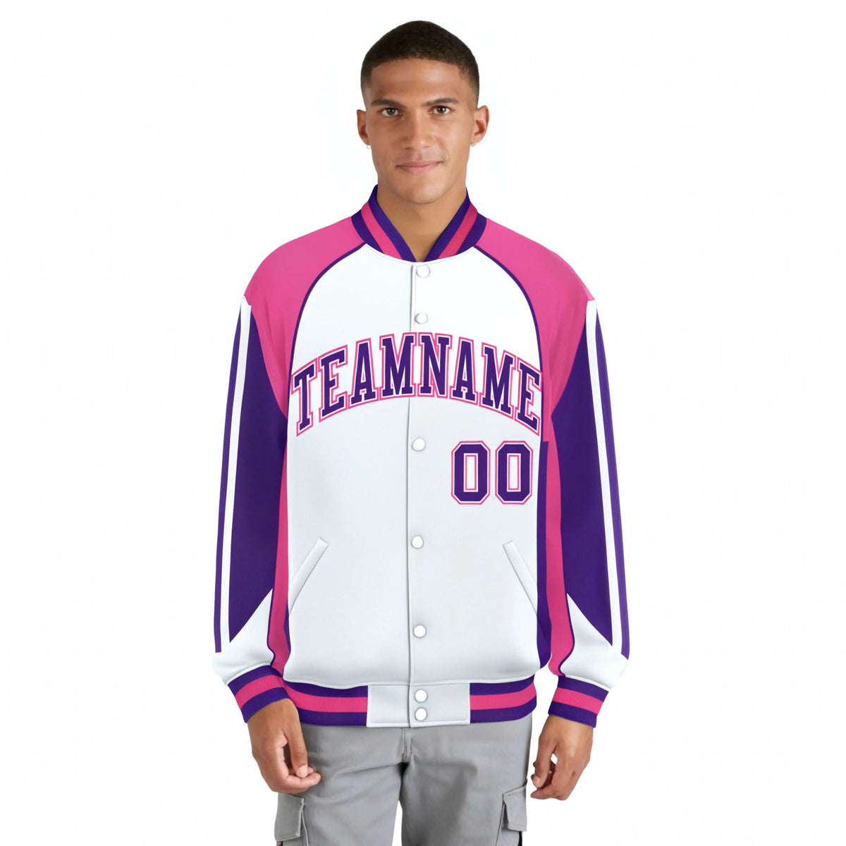 Custom White Pink-Purple Raglan Sleeves Varsity Letterman Two Tone Jacket