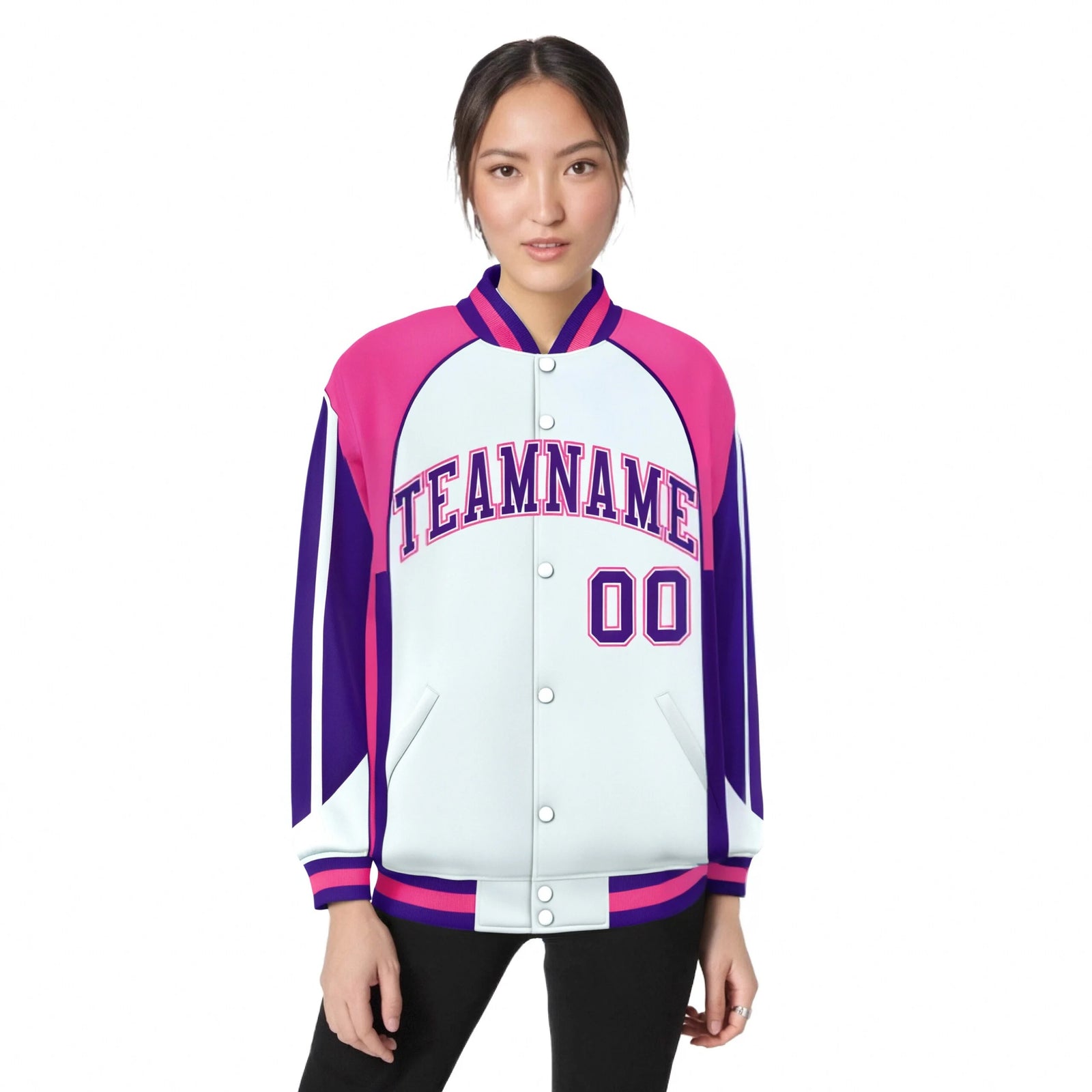Custom White Pink-Purple Raglan Sleeves Varsity Letterman Two Tone Jacket