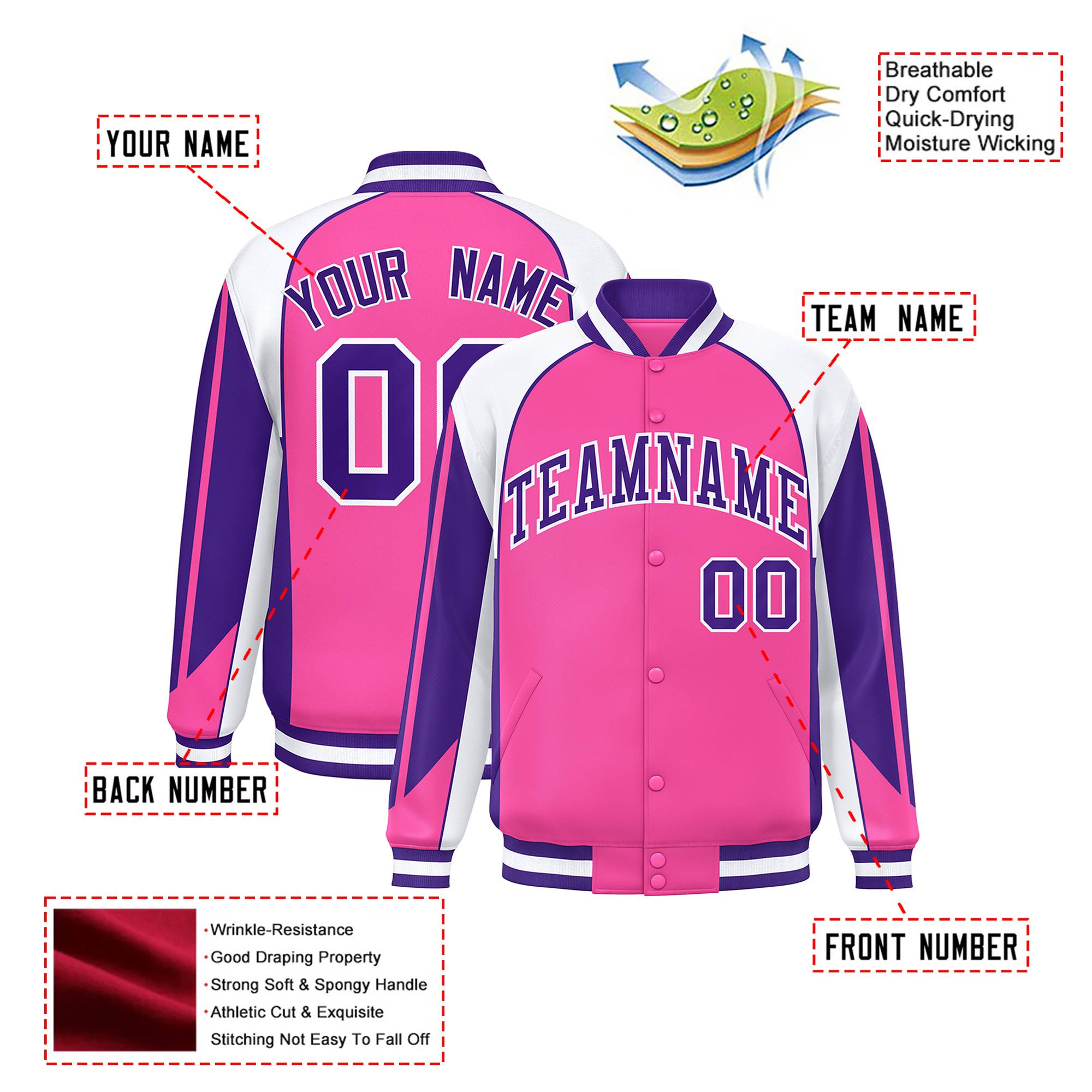 Custom Pink White-Purple Raglan Sleeves Varsity Letterman Two Tone Jacket