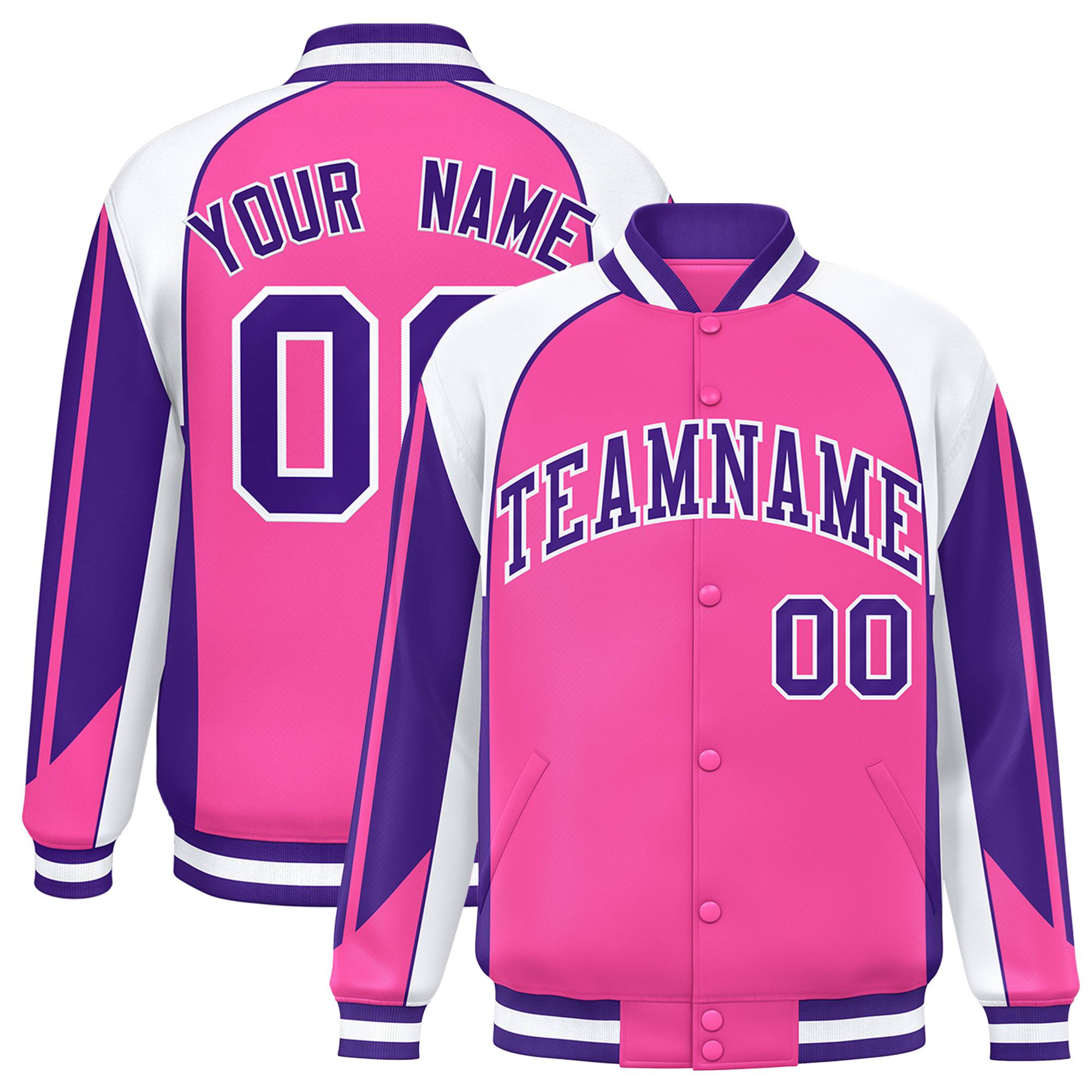 Custom Pink White-Purple Raglan Sleeves Varsity Letterman Two Tone Jacket